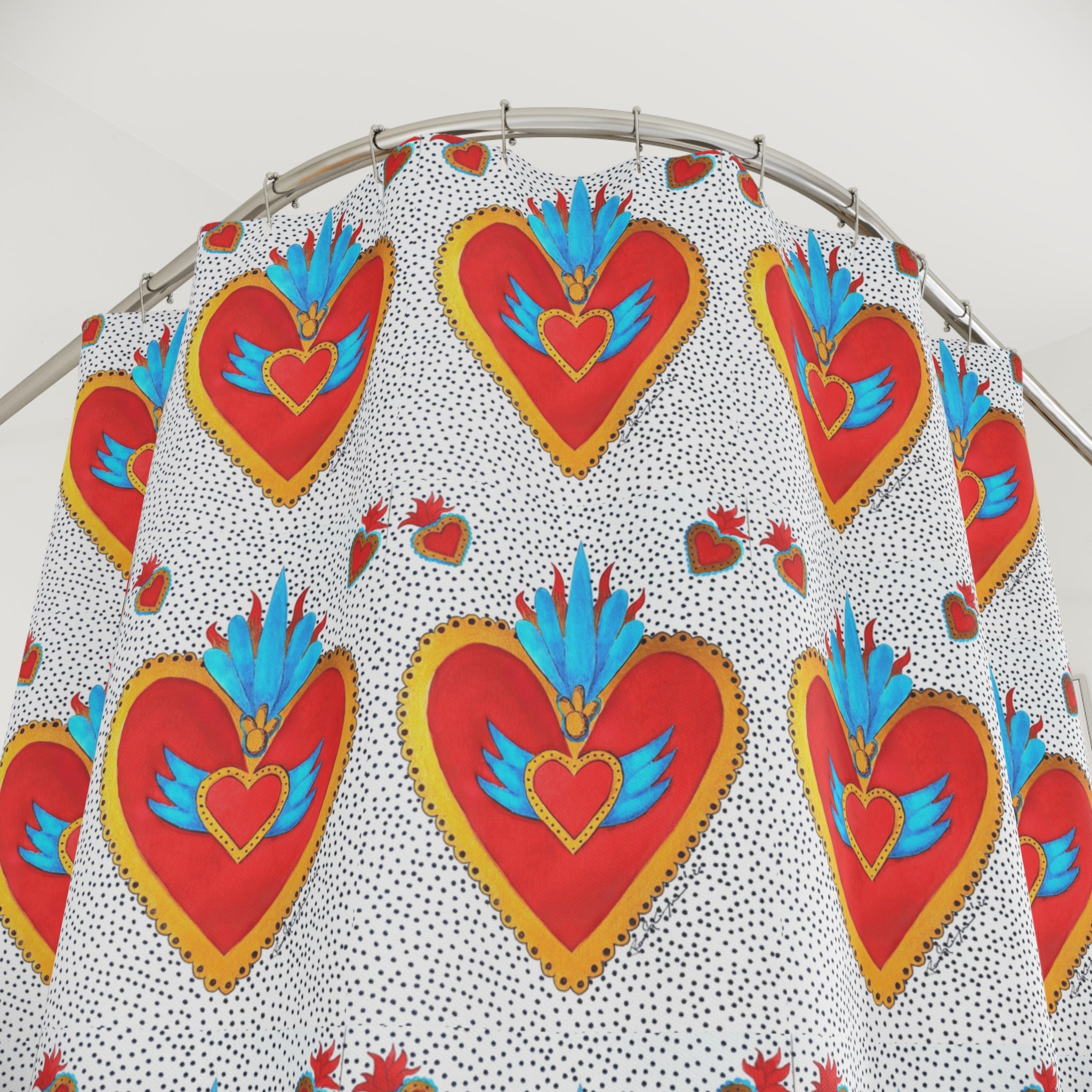Heart Motif Shower Curtain — Bright Red Sacred Hearts Pattern for Bathroom Decor