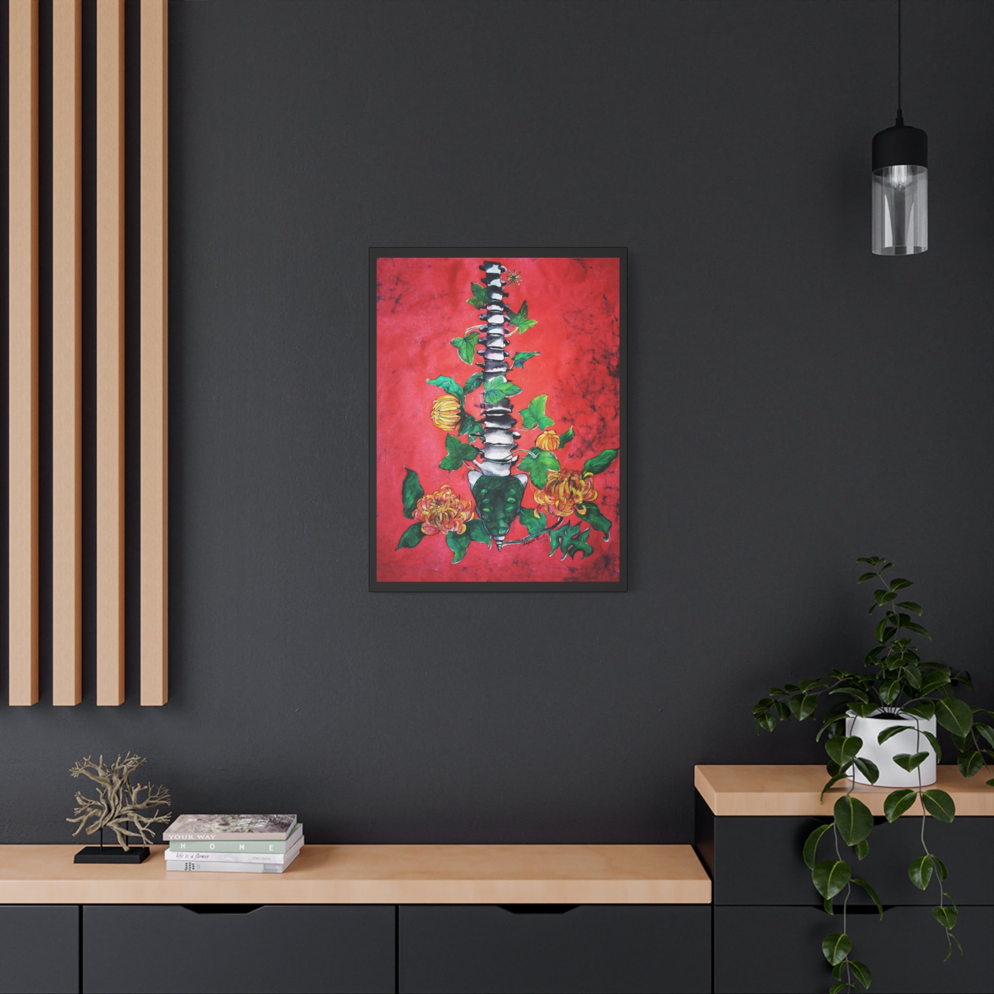 Floral Spine Canvas Print — Vibrant Red Botanical Wall Art