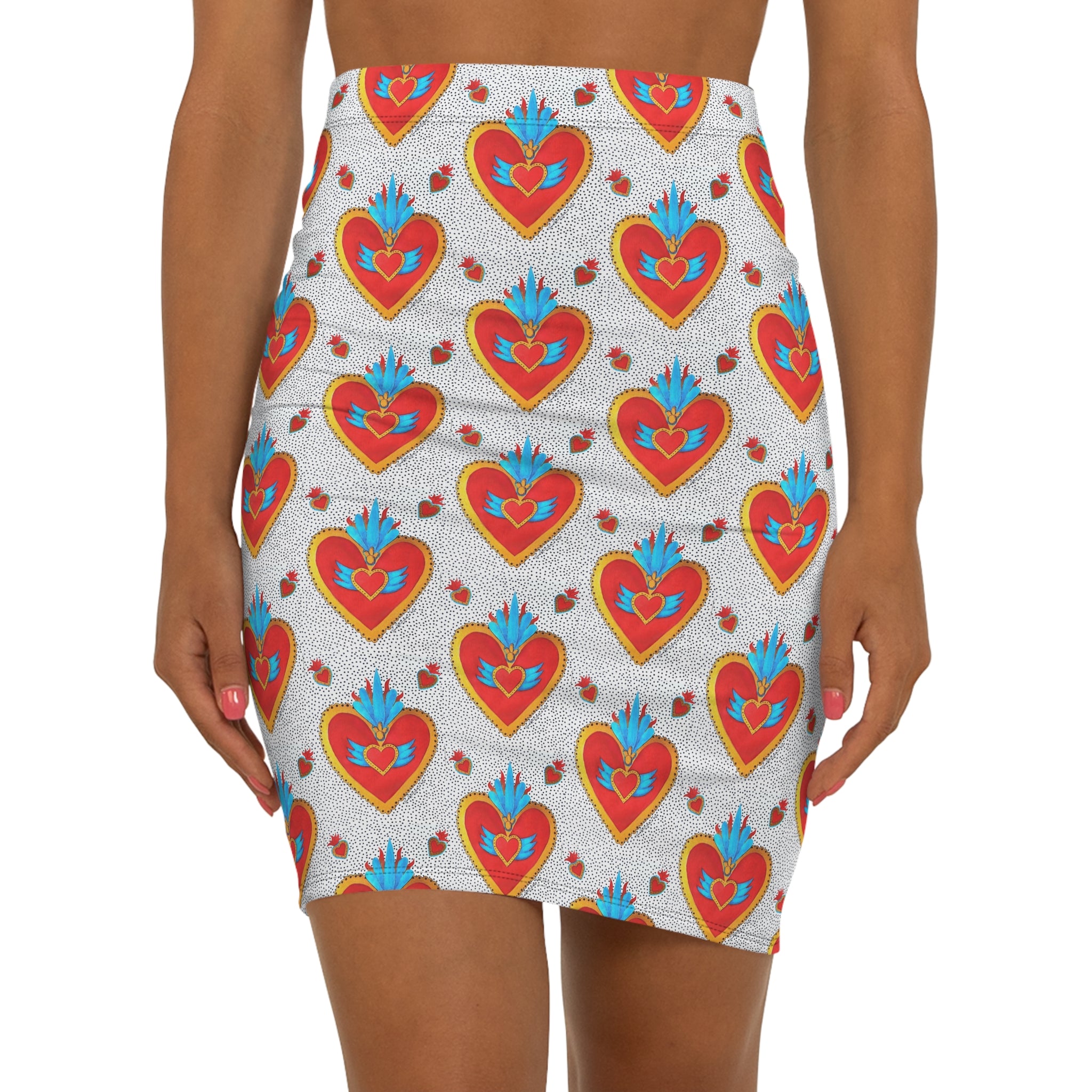 "Corazon de hojalata" Heart Pattern Pencil Skirt — Retro Folk Art Love Print