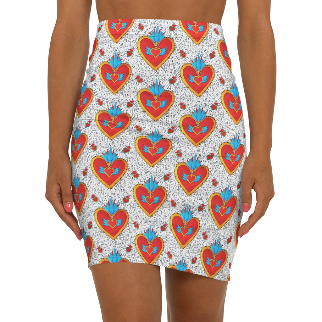 "Corazon de hojalata" Heart Pattern Pencil Skirt — Retro Folk Art Love Print