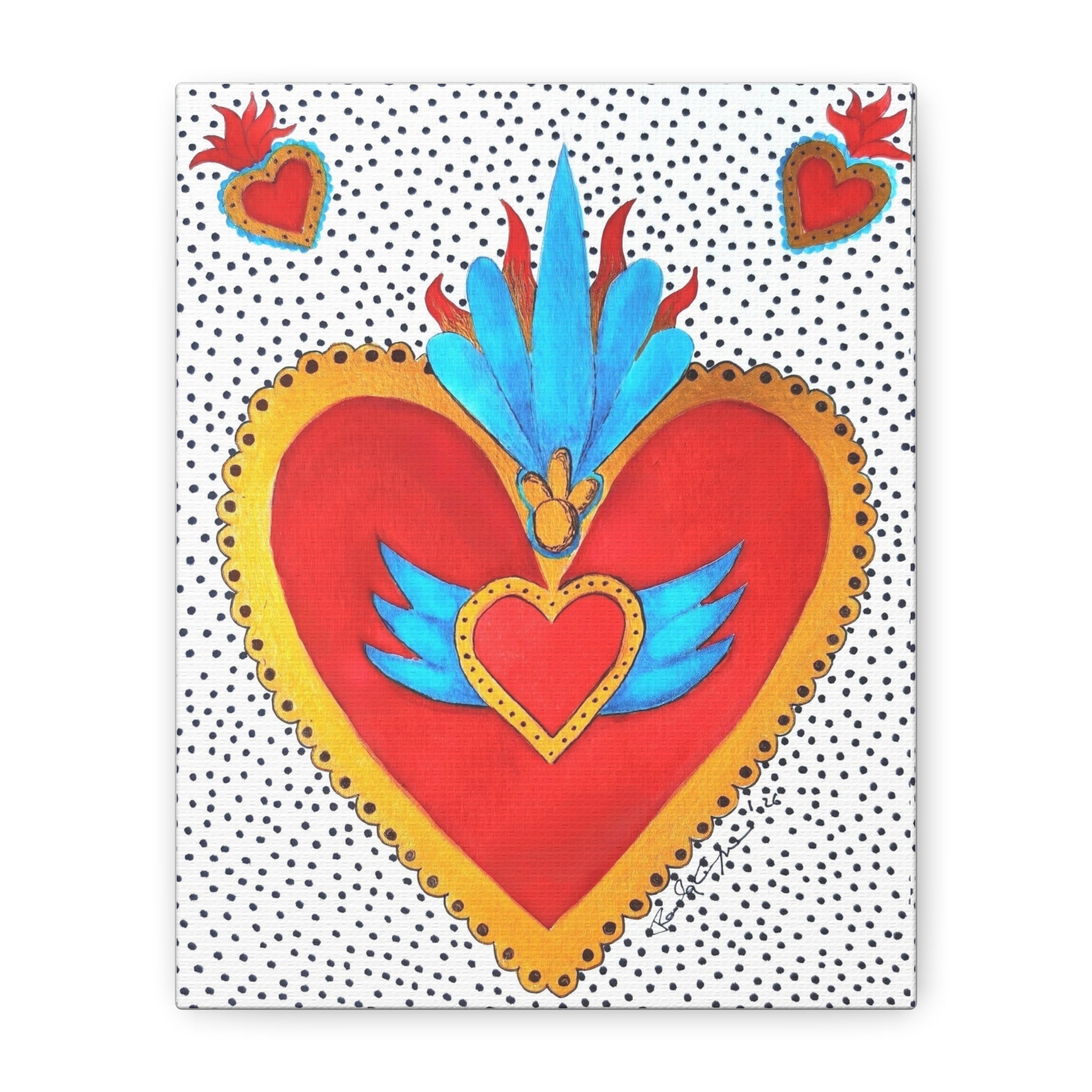 "Tin Heart" Folk Art Sacred Heart Canvas Print — Vibrant Red & Gold Heart Wall Art