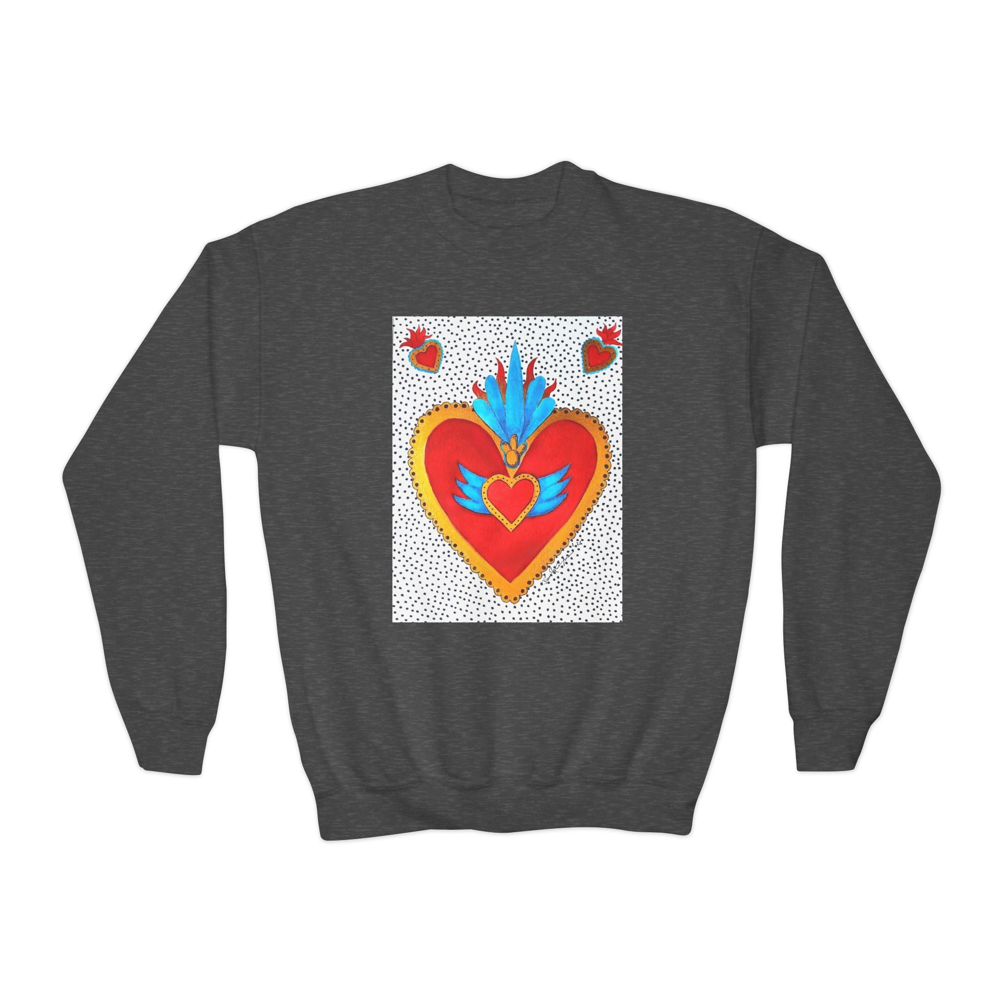 "Tin Heart" Youth Crewneck Sweatshirt — Bright Sacred Heart Graphic Tee for Kids