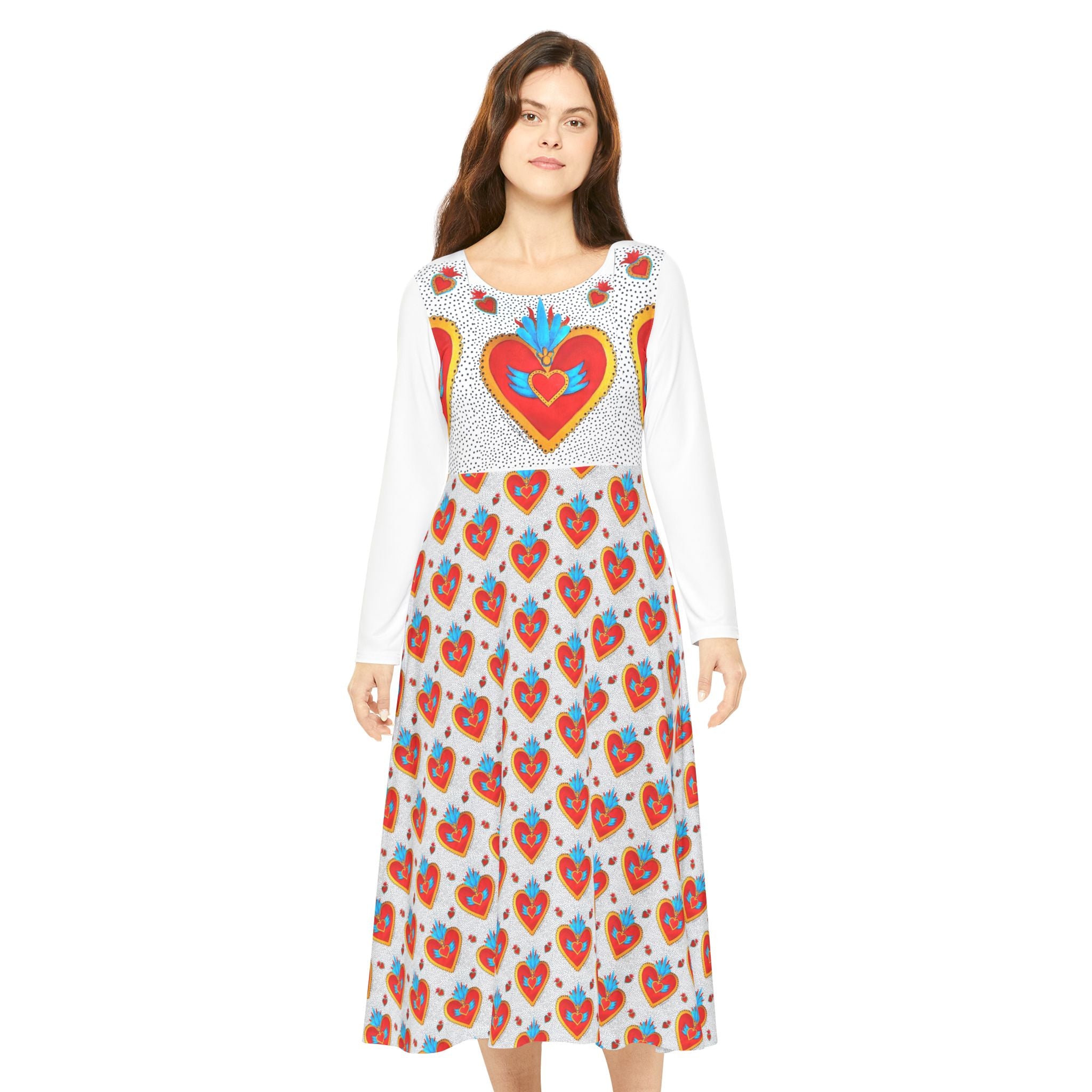 Heart Motif Long Sleeve Dance Dress — Vibrant Sacred Heart Pattern