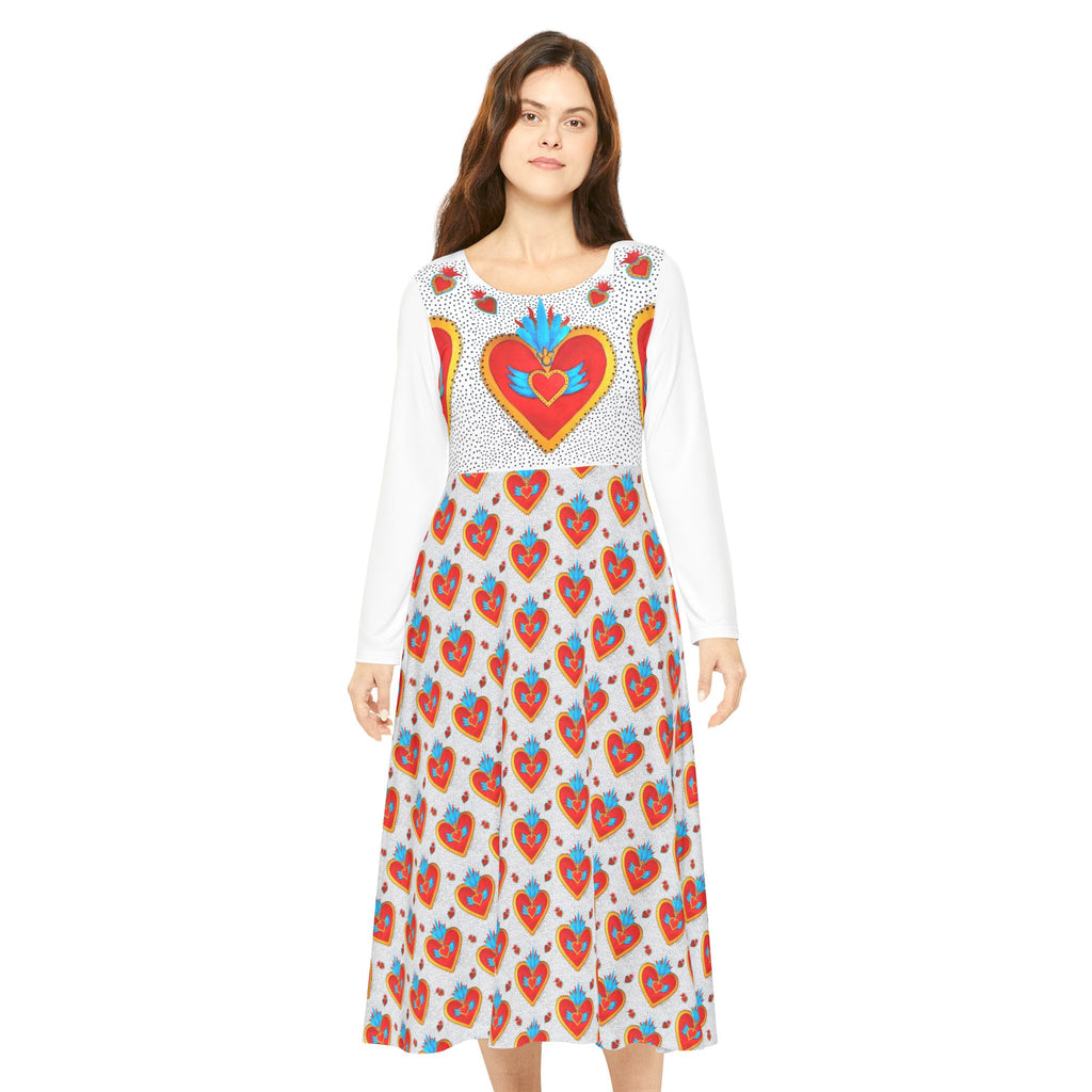 Heart Motif Long Sleeve Dance Dress — Vibrant Sacred Heart Pattern