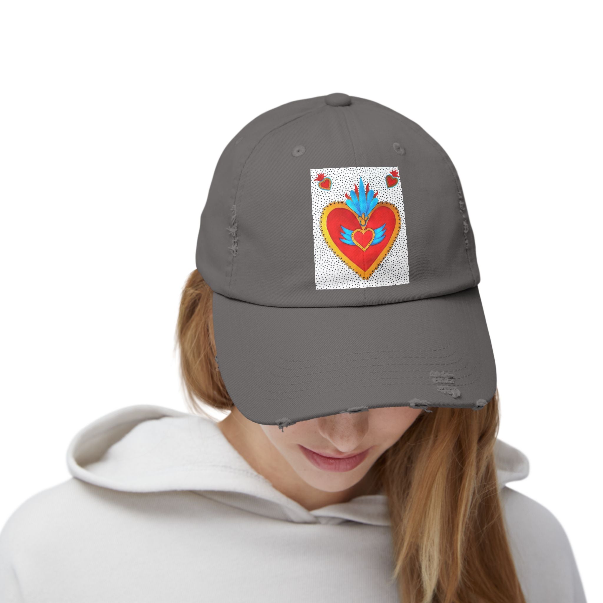 Distressed Cap — Sacred Flaming Heart Patch Baseball Hat
