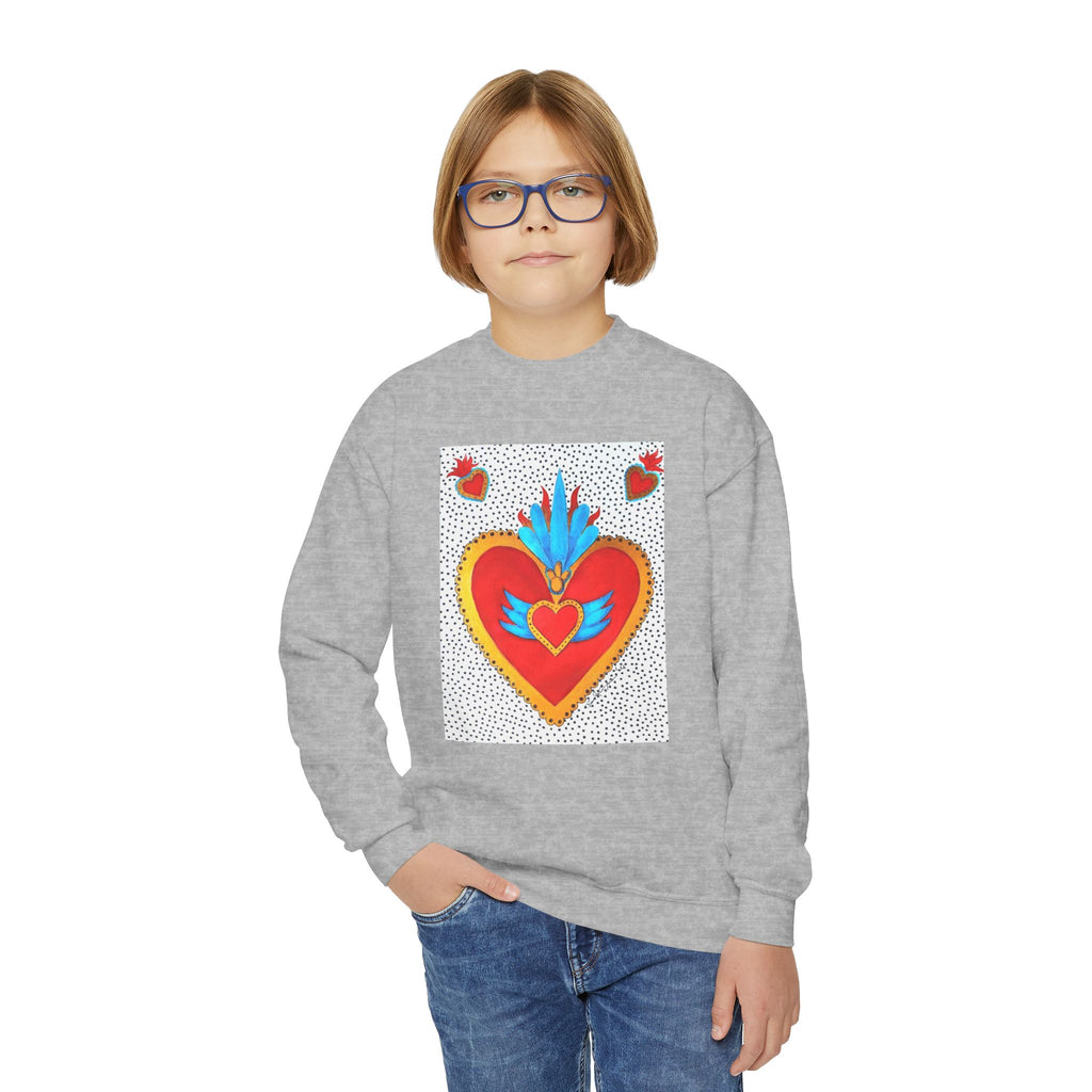 "Corazon de hojalata" Youth Crewneck Sweatshirt — Bright Sacred Heart Graphic Tee for Kids