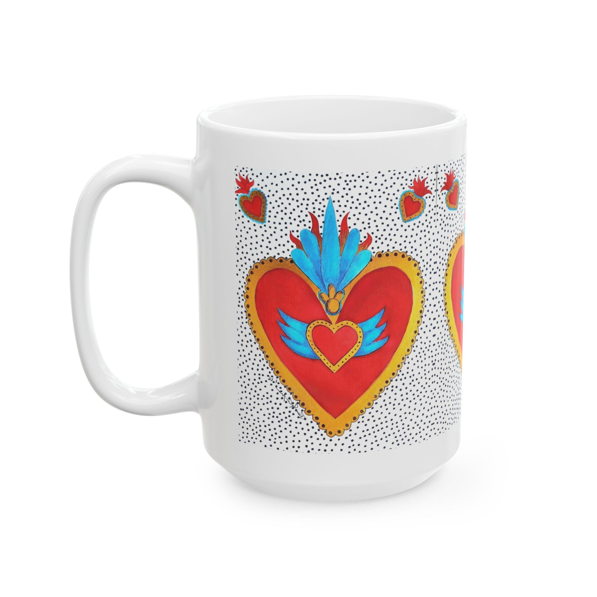 Heart Folk Art Ceramic Mug — Vibrant Sacred Heart Design (11oz & 15oz)
