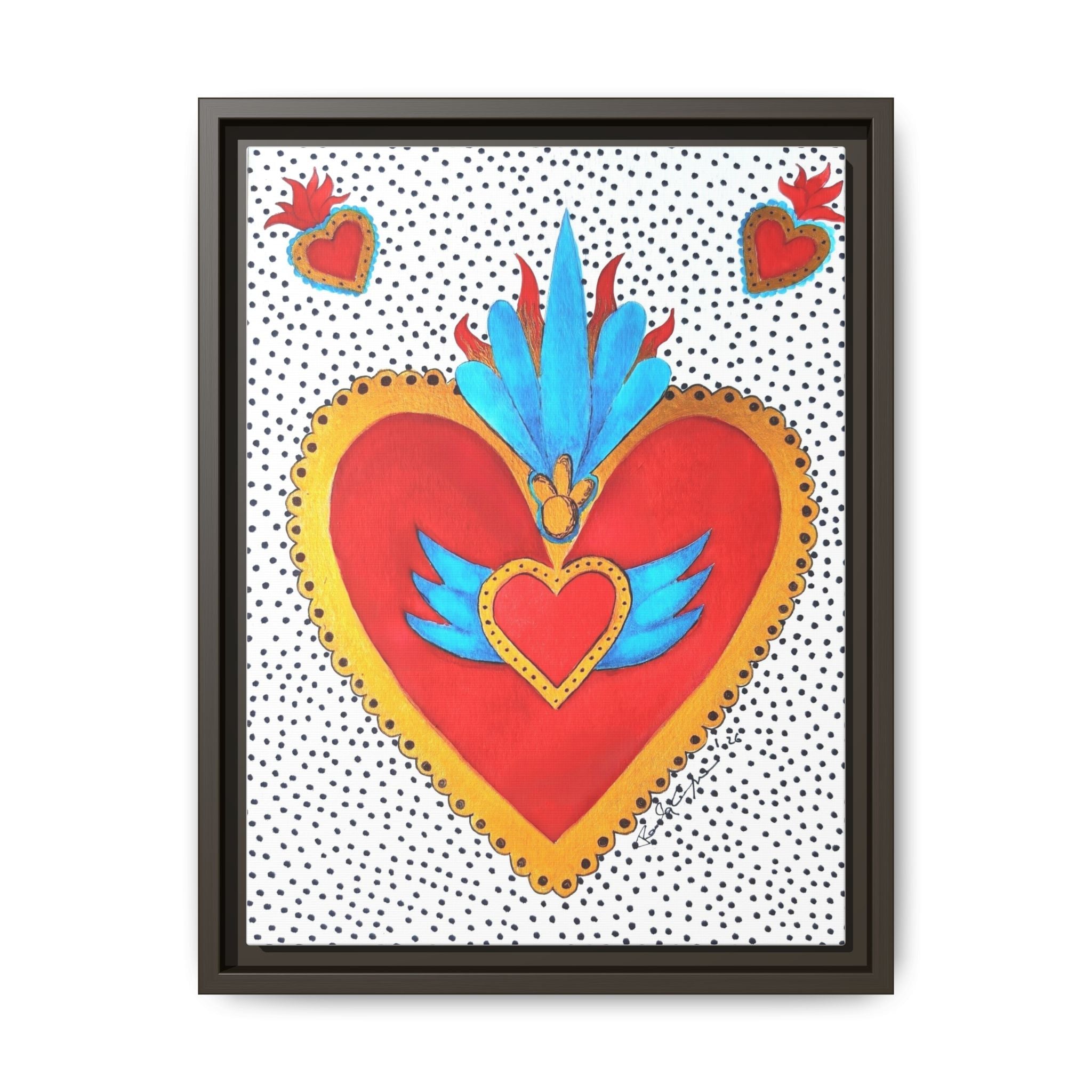 "Tin Heart" Framed Sacred Heart Canvas Art — Colorful Folk Heart Wall Decor