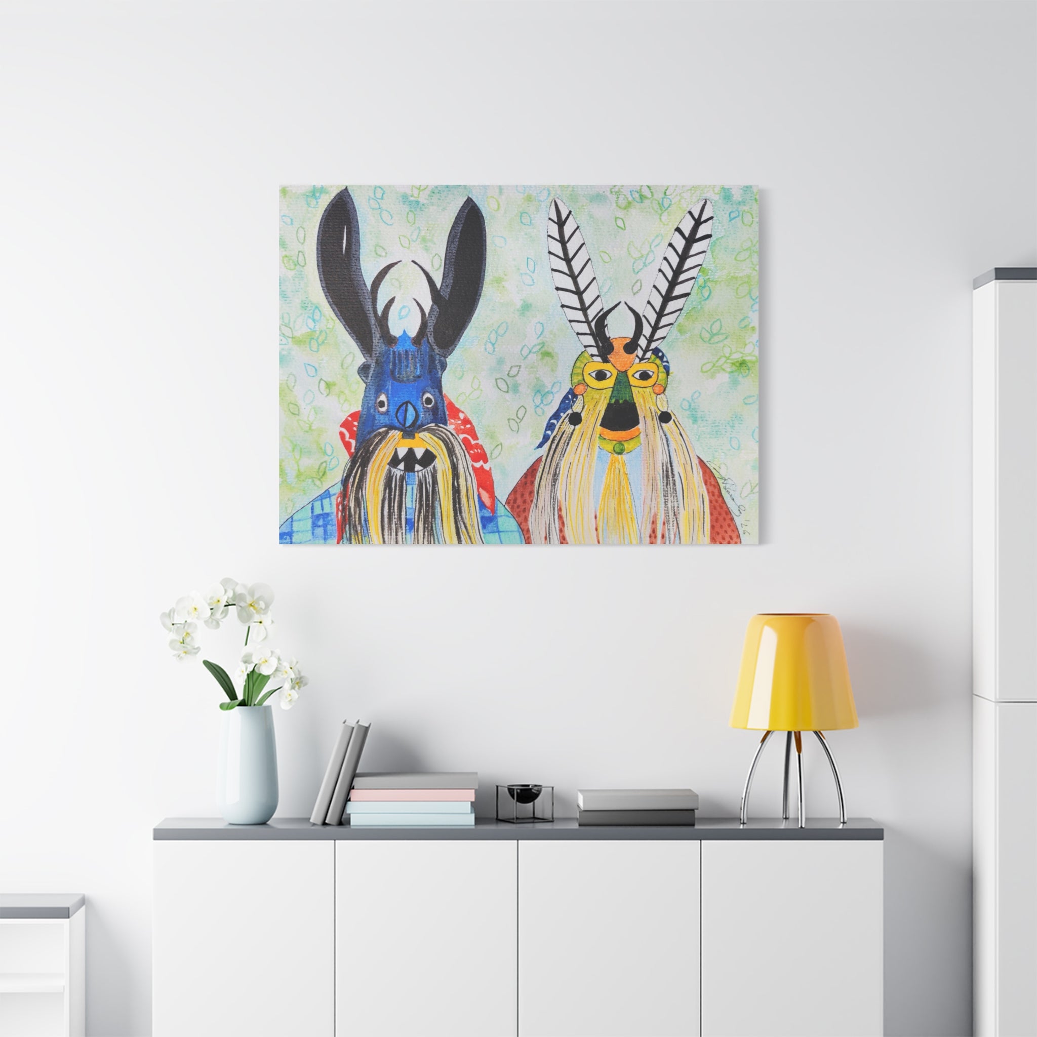 Tribal Mask Art Matte Canvas — Colorful Folk Portrait, Stretched Wall Art