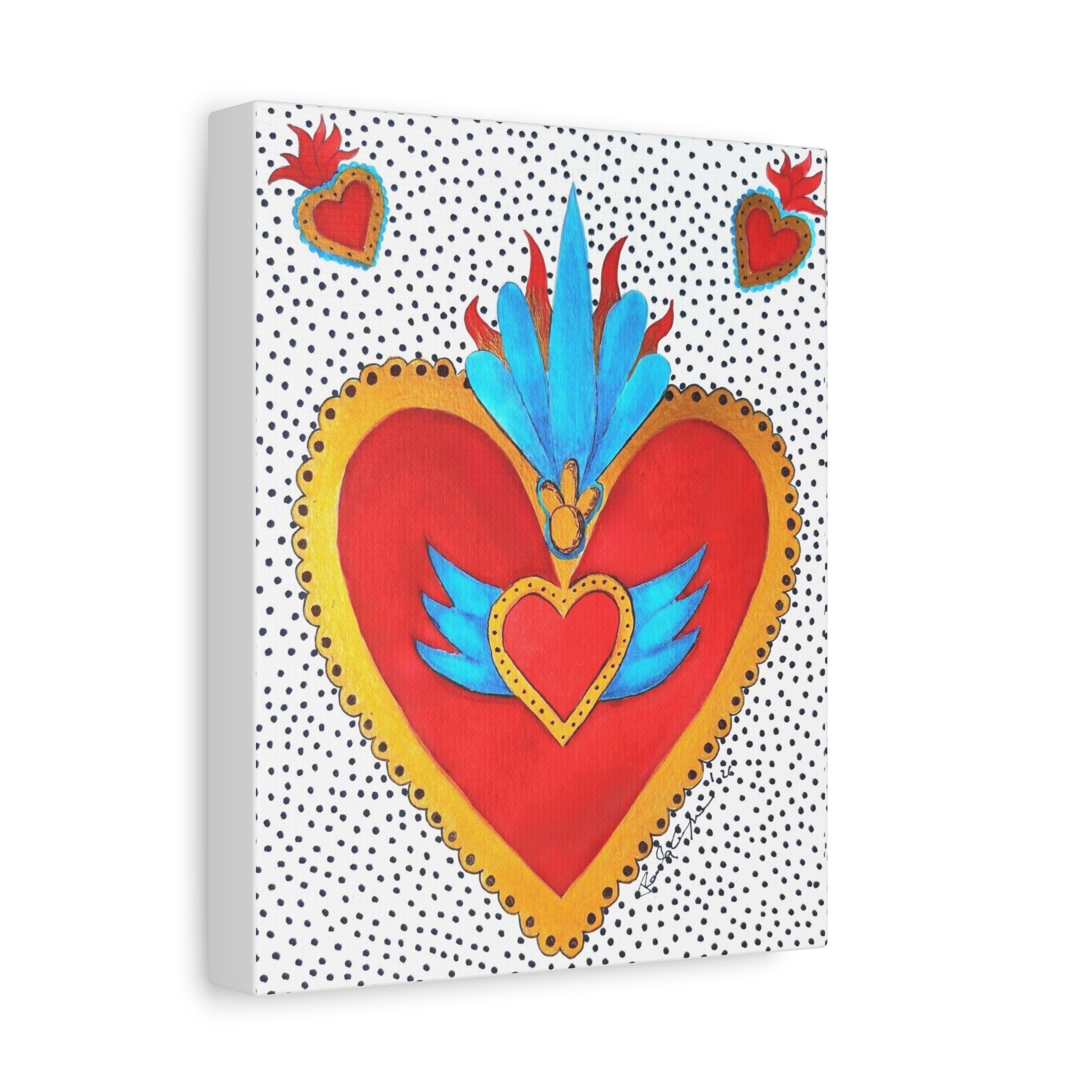 "Tin Heart" Folk Art Sacred Heart Canvas Print — Vibrant Red & Gold Heart Wall Art