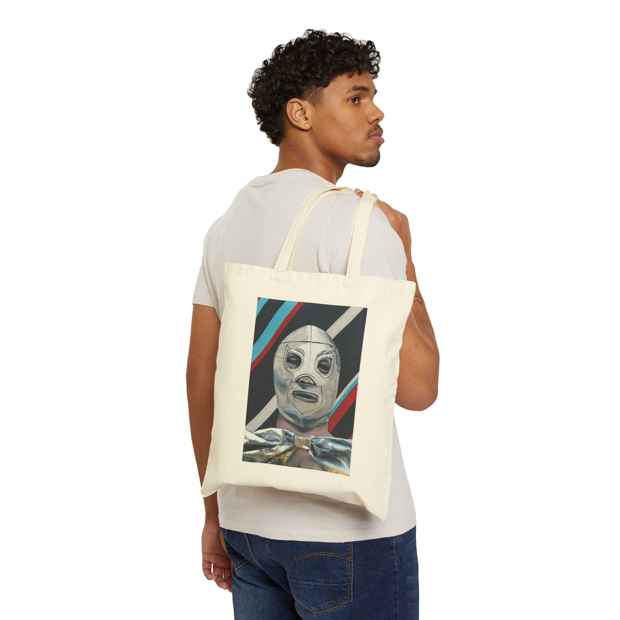 Luchador Mask Canvas Tote — Retro Mexican Wrestling Art Bag