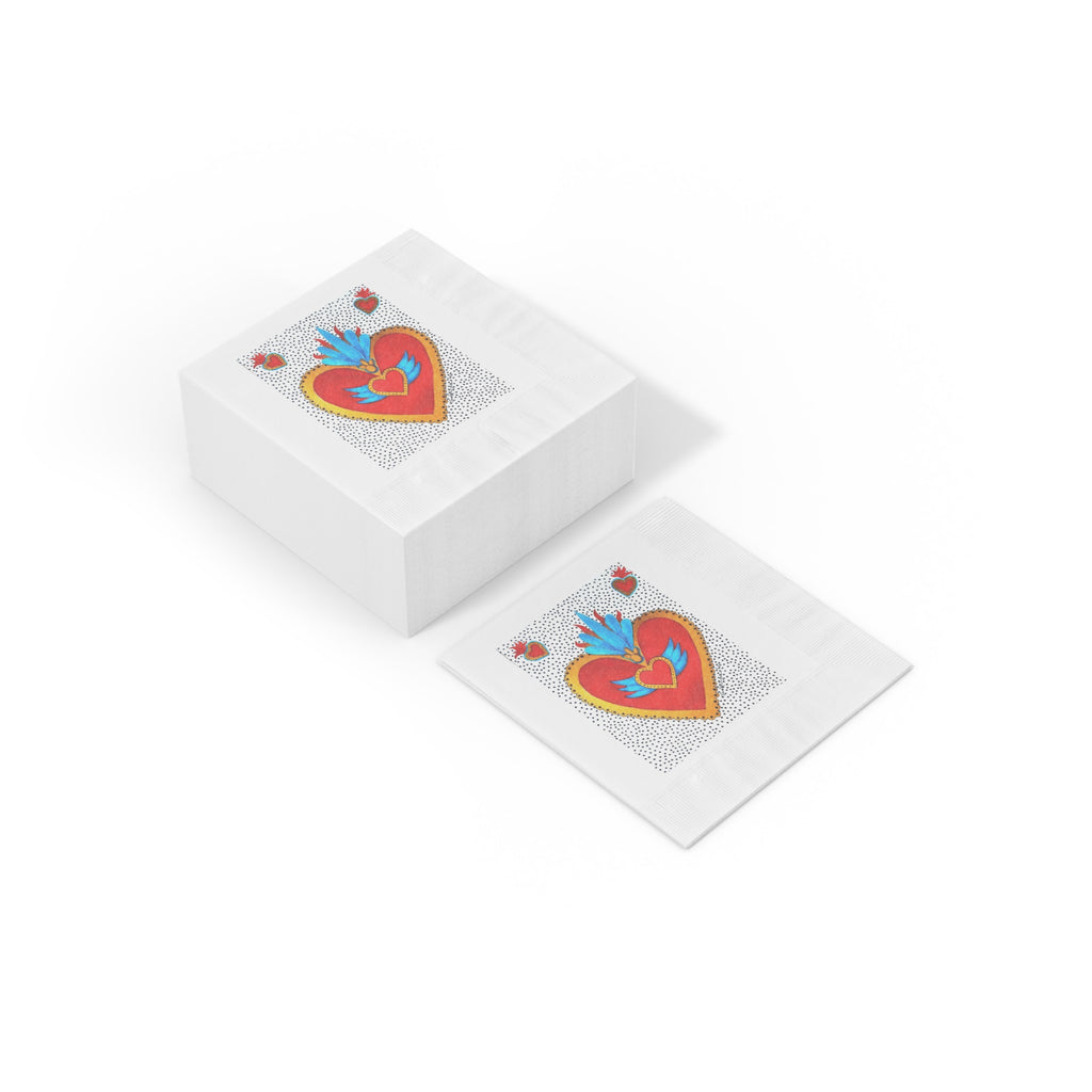 Embroidered Sacred Heart Paper Napkins — Colorful Folk Art Cocktail Napkins