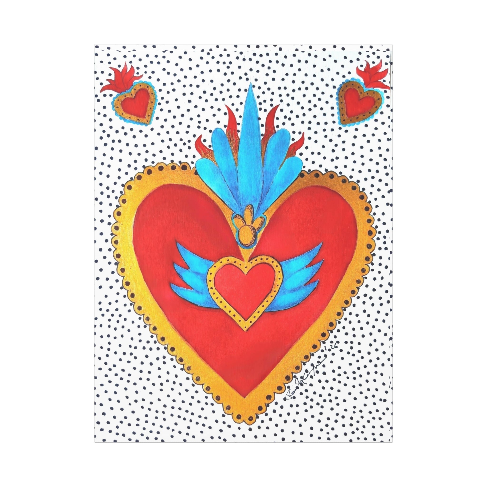 "Tin Heart" Folk Art Sacred Heart Canvas Print — Vibrant Red & Gold Heart Wall Art