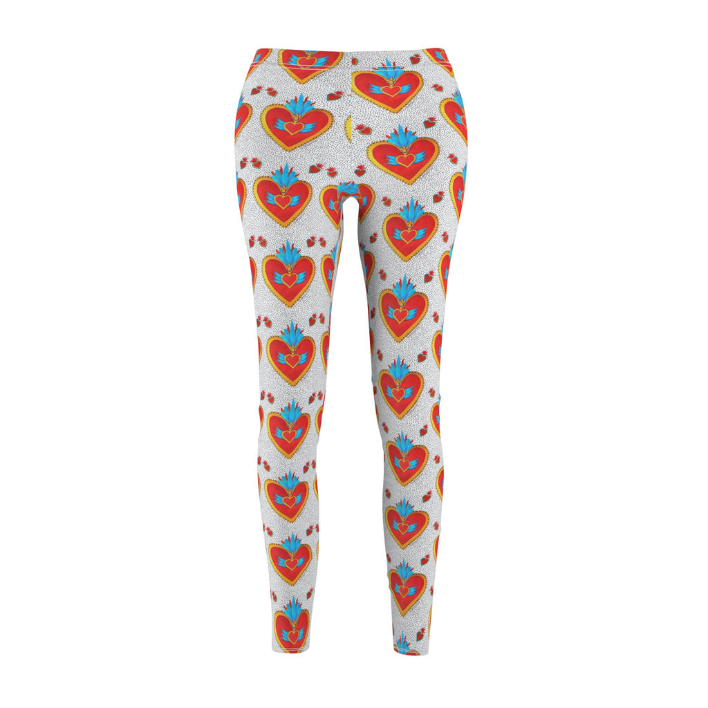 Heart Motif Leggings — Red Folk Art Sacred Heart Pattern for Women