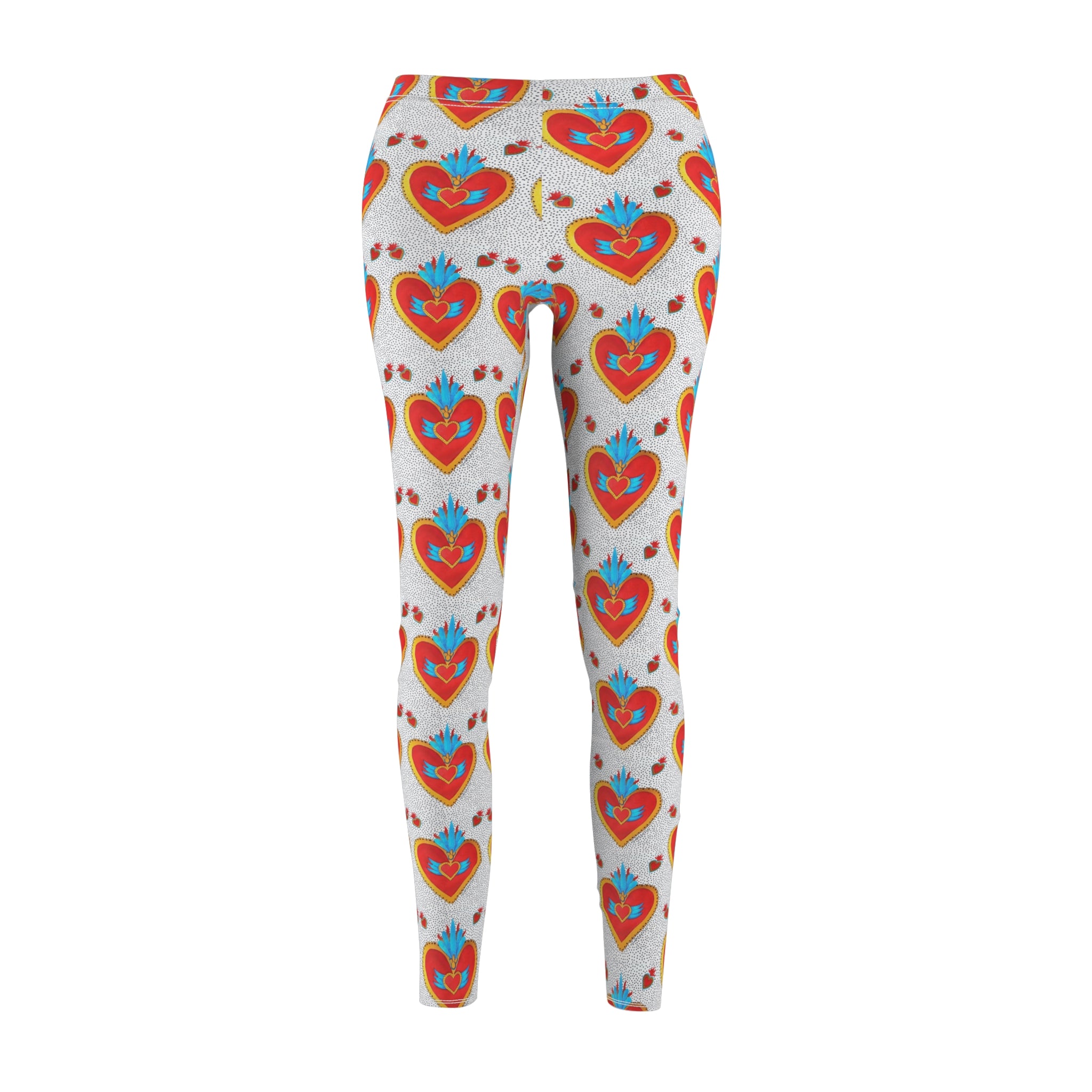 Heart Motif Leggings — Red Folk Art Sacred Heart Pattern for Women