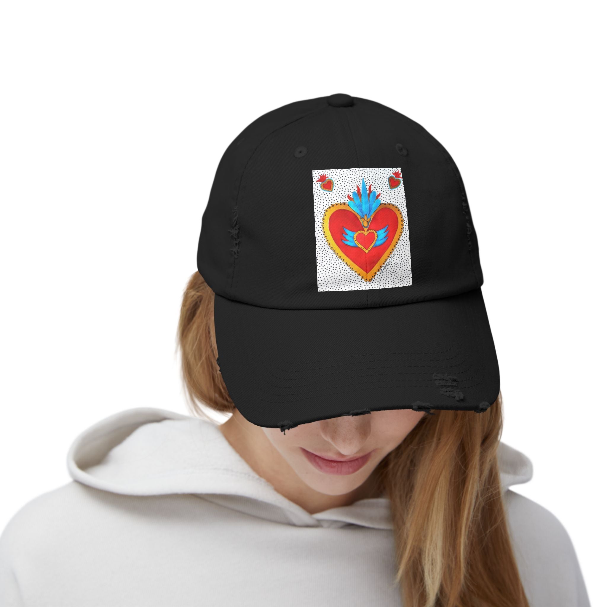 Distressed Cap — Sacred Flaming Heart Patch Baseball Hat