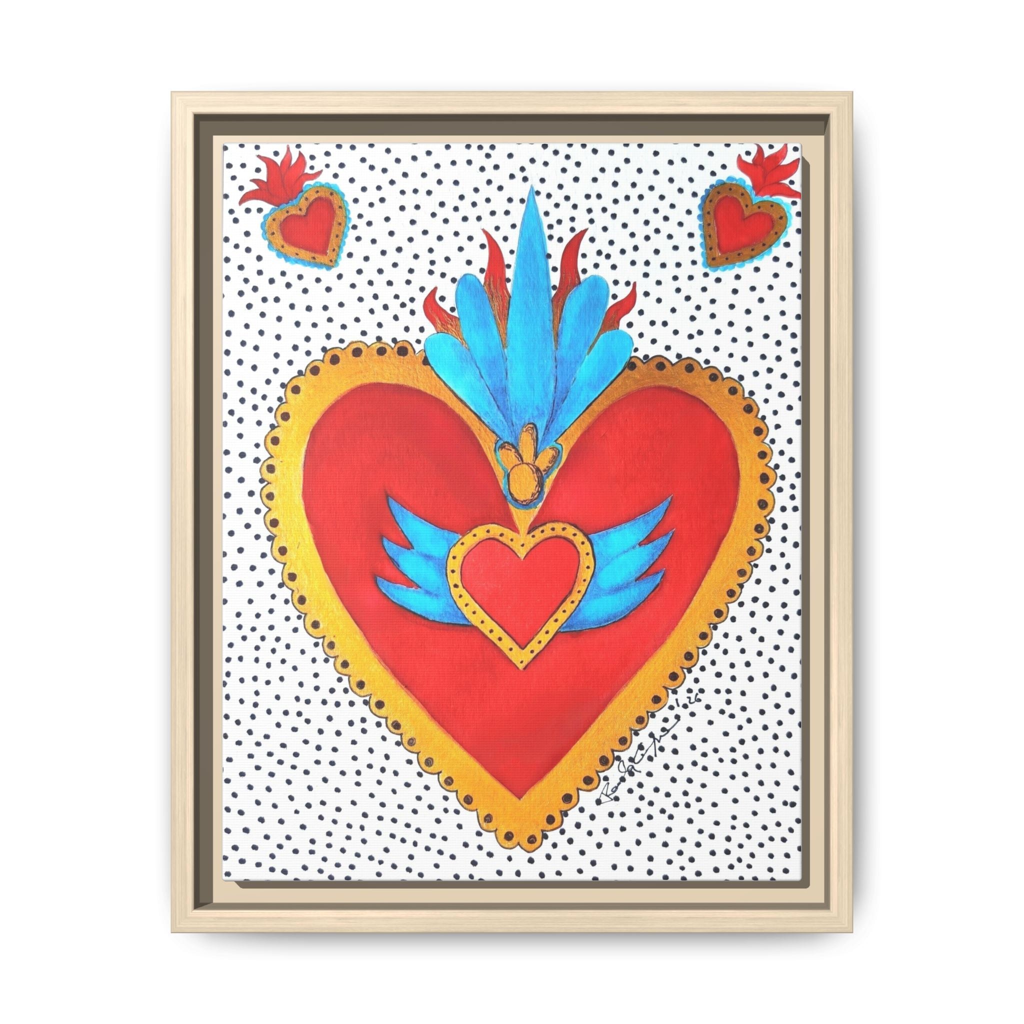 "Tin Heart" Framed Sacred Heart Canvas Art — Colorful Folk Heart Wall Decor