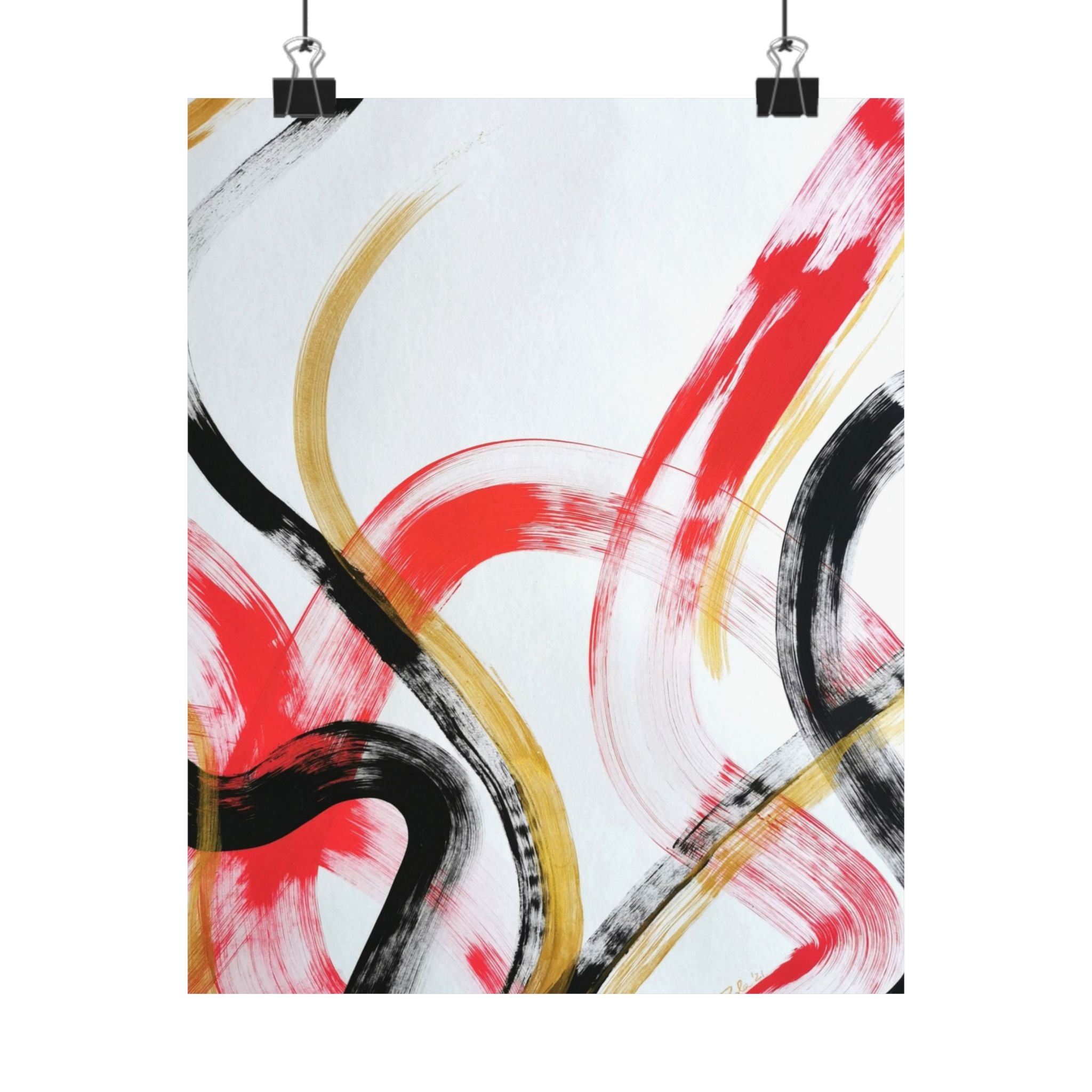 Abstract Brushstroke Matte Poster — Red, Black & Gold Vertical Wall Art