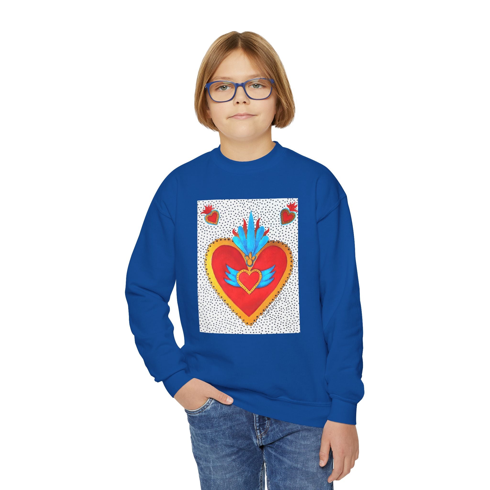 "Corazon de hojalata" Youth Crewneck Sweatshirt — Bright Sacred Heart Graphic Tee for Kids