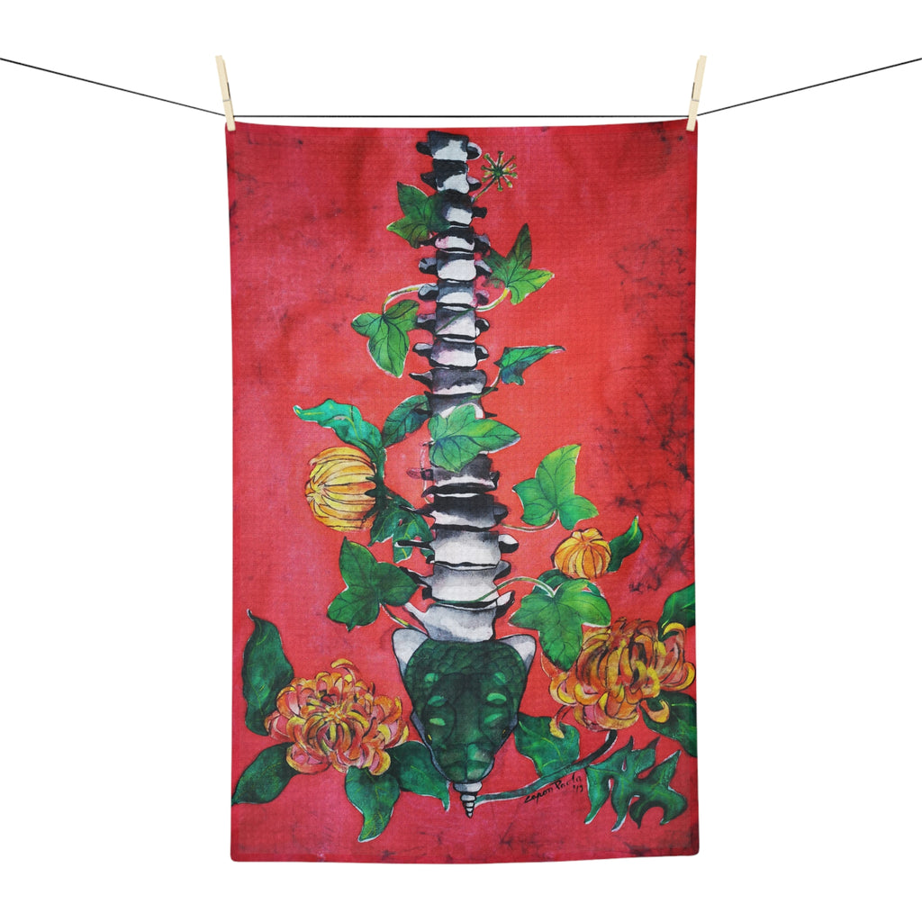 Red Chrysanthemum Spine Tea Towel - Botanical Anatomical Kitchen Towel