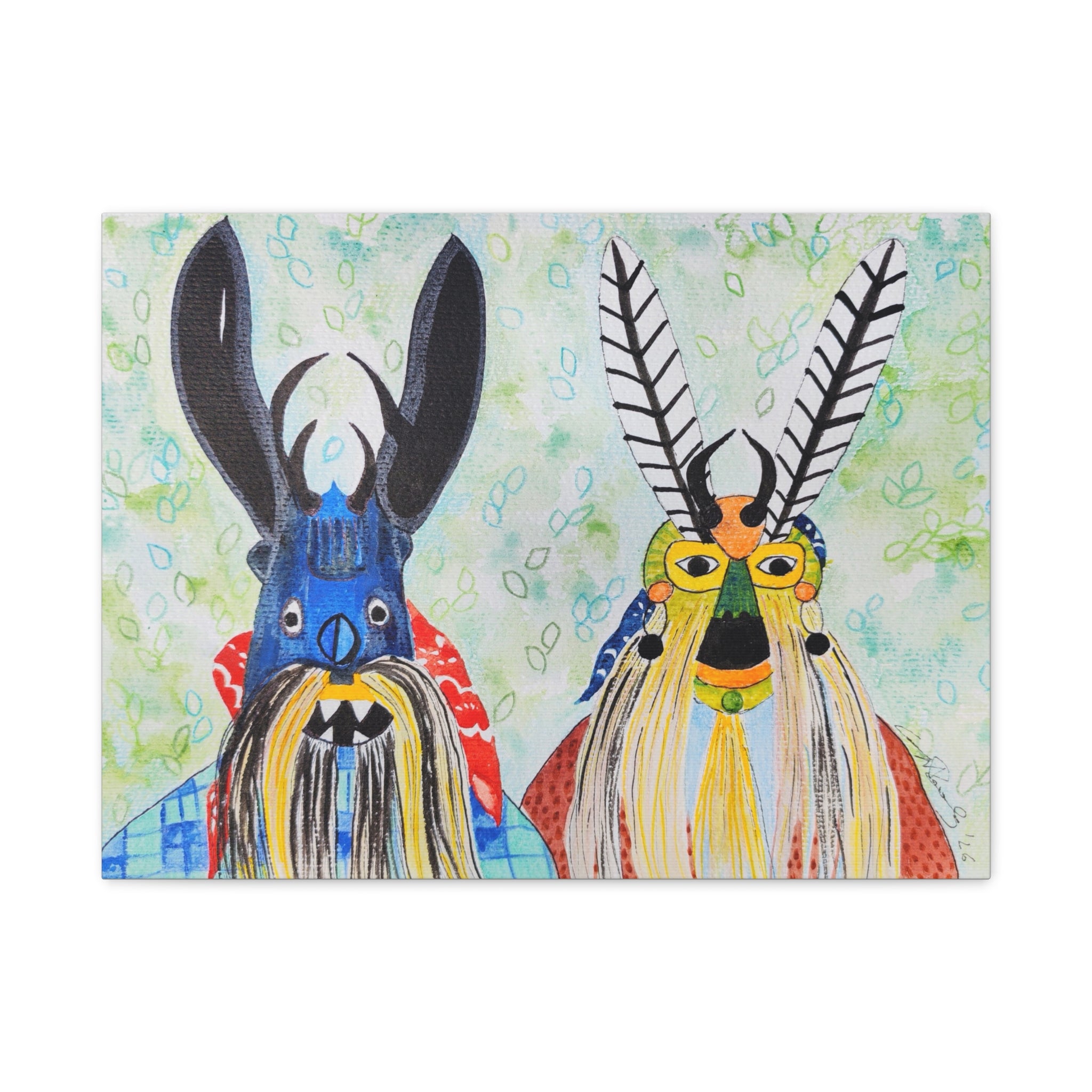 Tribal Mask Art Matte Canvas — Colorful Folk Portrait, Stretched Wall Art