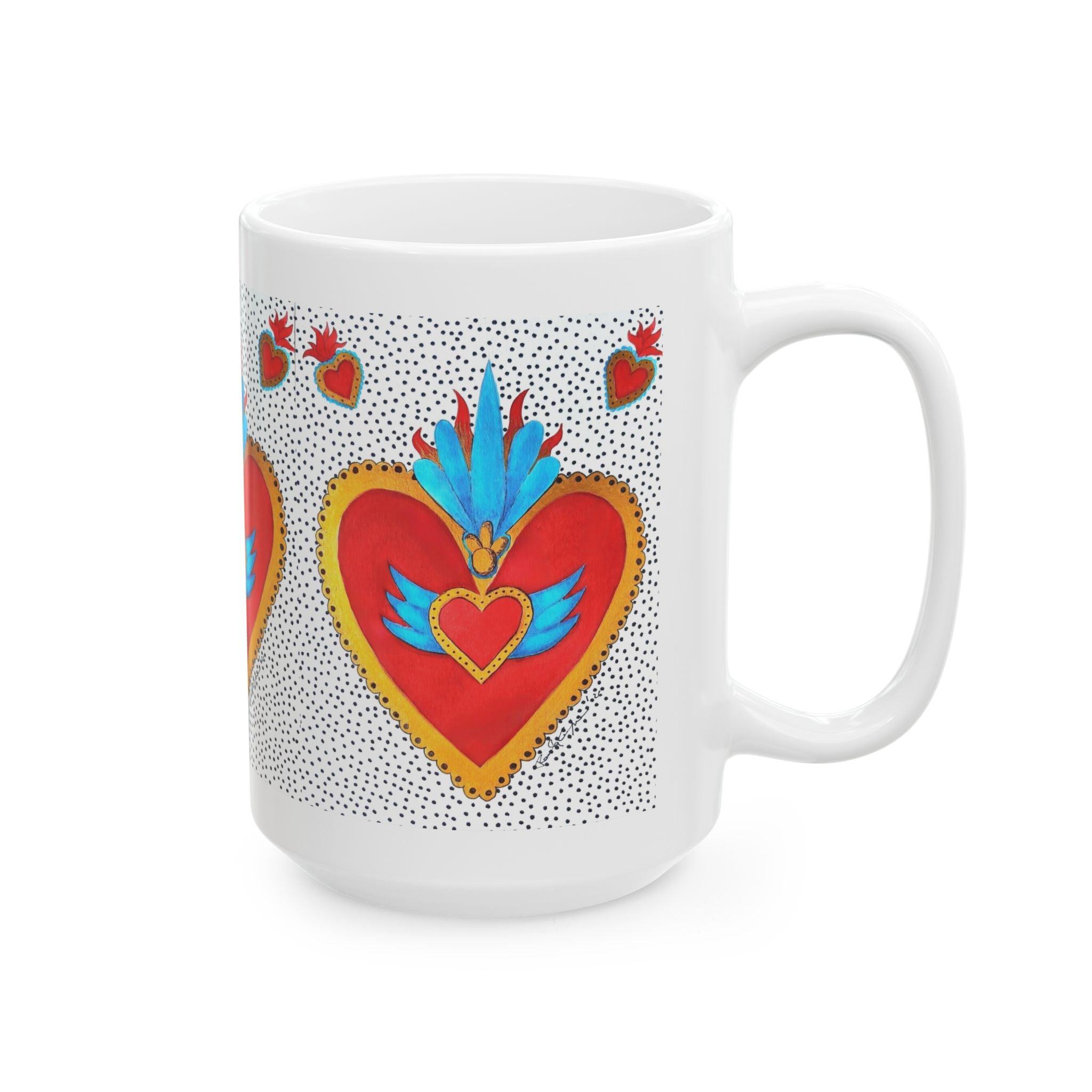 Heart Folk Art Ceramic Mug — Vibrant Sacred Heart Design (11oz & 15oz)
