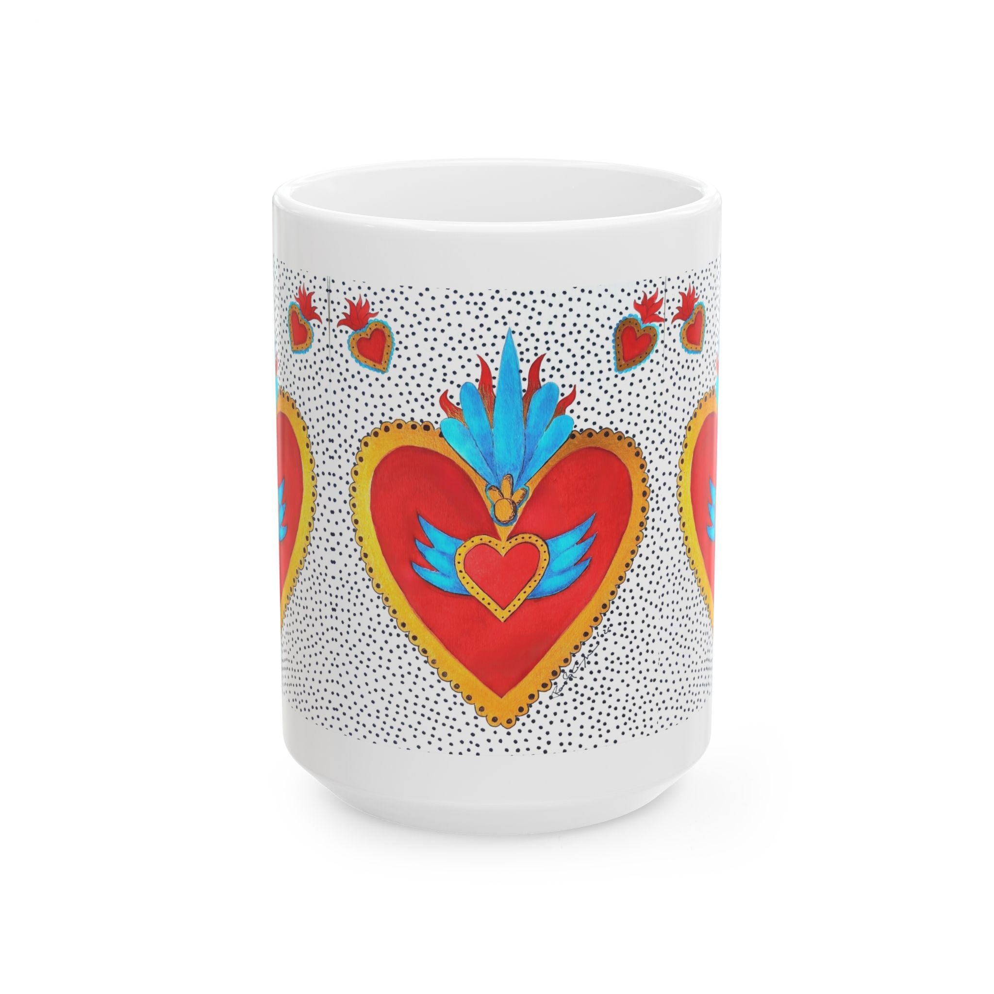 Heart Folk Art Ceramic Mug — Vibrant Sacred Heart Design (11oz & 15oz)