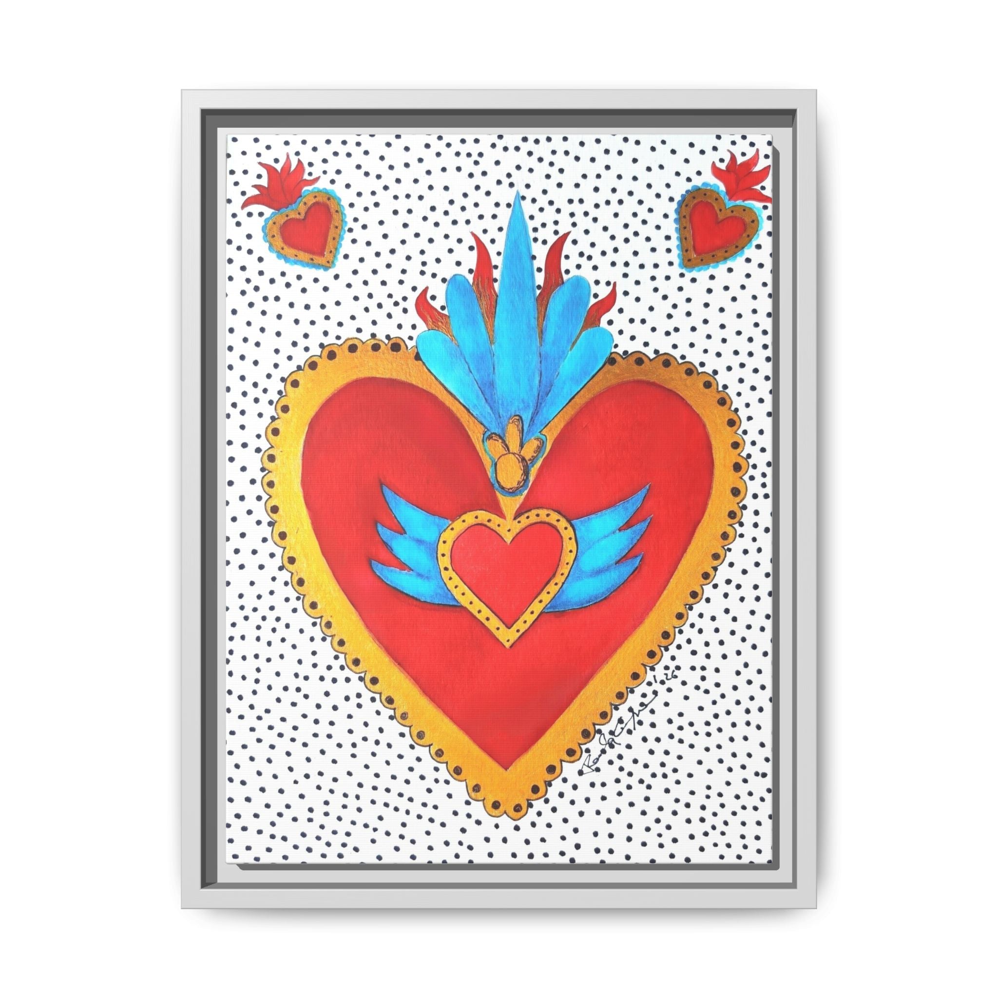 "Tin Heart" Framed Sacred Heart Canvas Art — Colorful Folk Heart Wall Decor