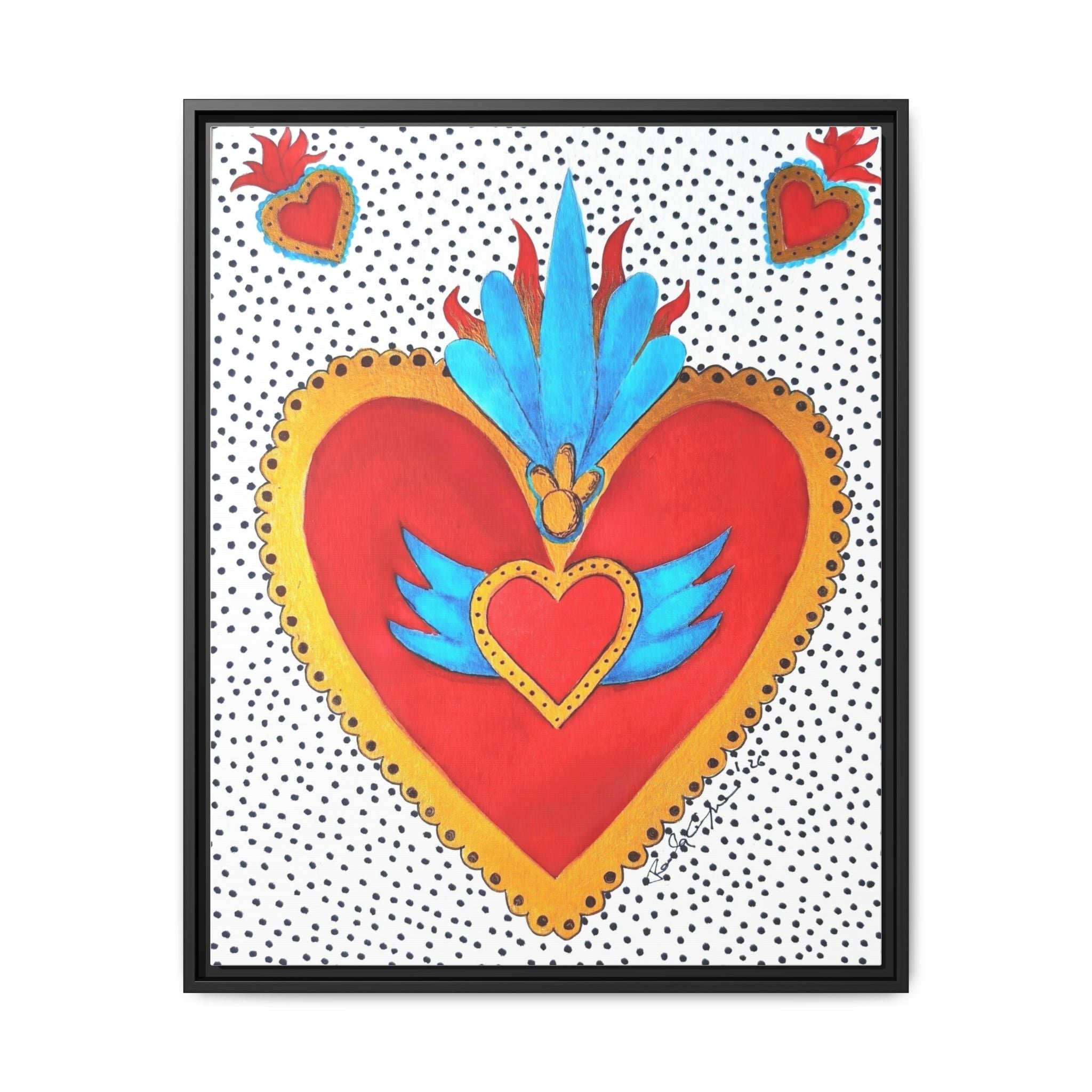 "Tin Heart" Framed Sacred Heart Canvas Art — Colorful Folk Heart Wall Decor