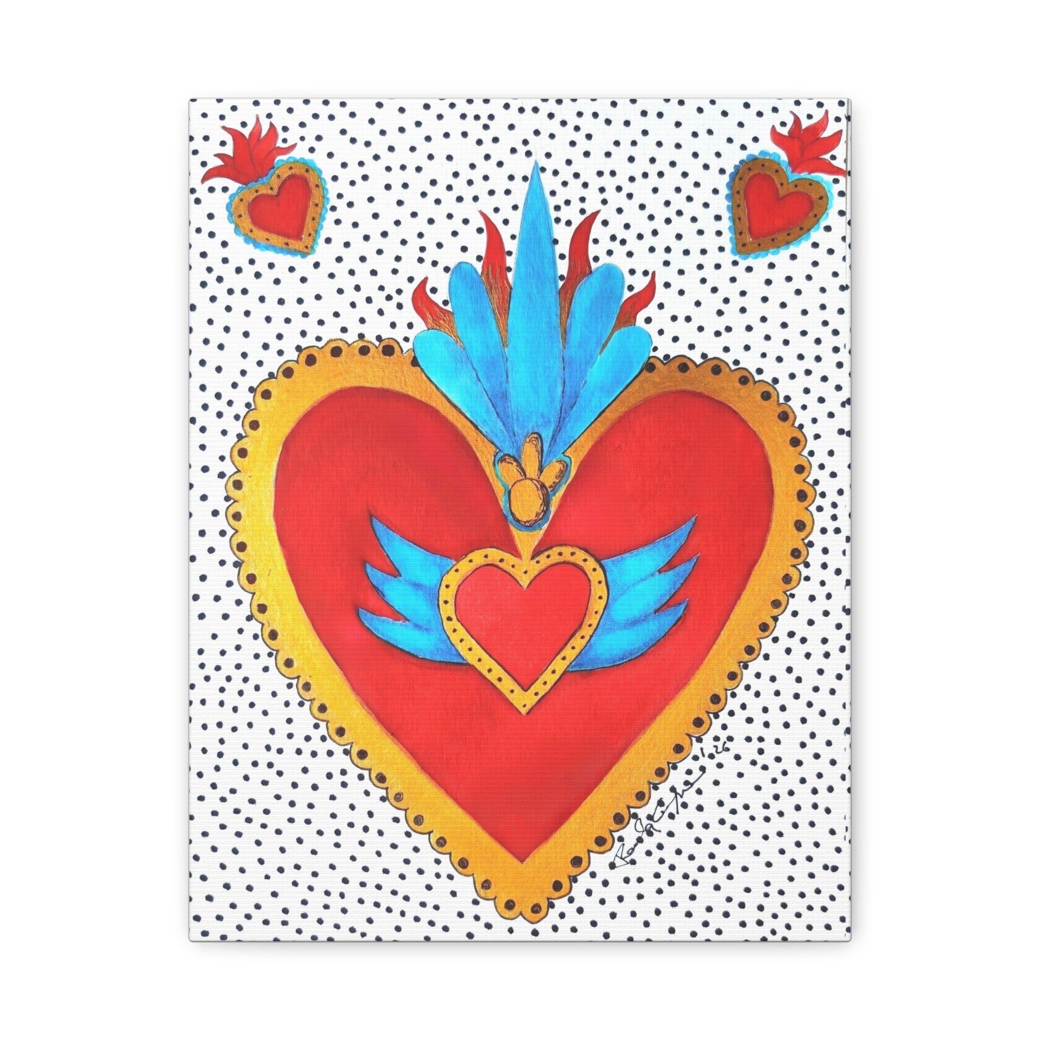 "Tin Heart" Folk Art Sacred Heart Canvas Print — Vibrant Red & Gold Heart Wall Art