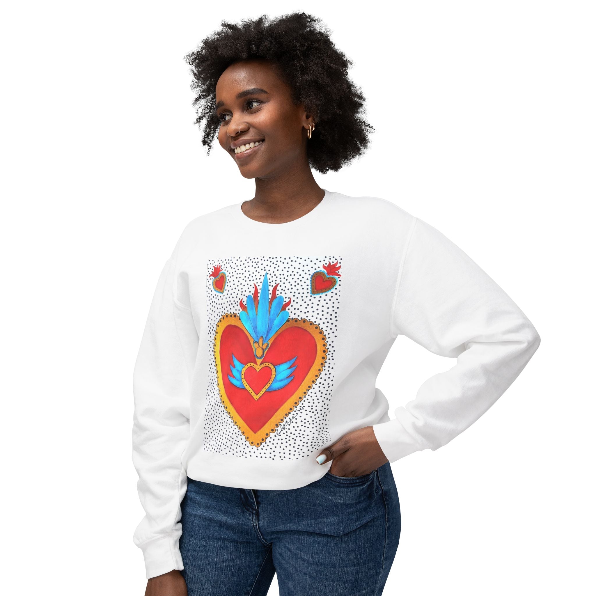 Sweat-shirt ras du cou Cœur Sacré — Motif de cœur coloré d'art populaire mexicain