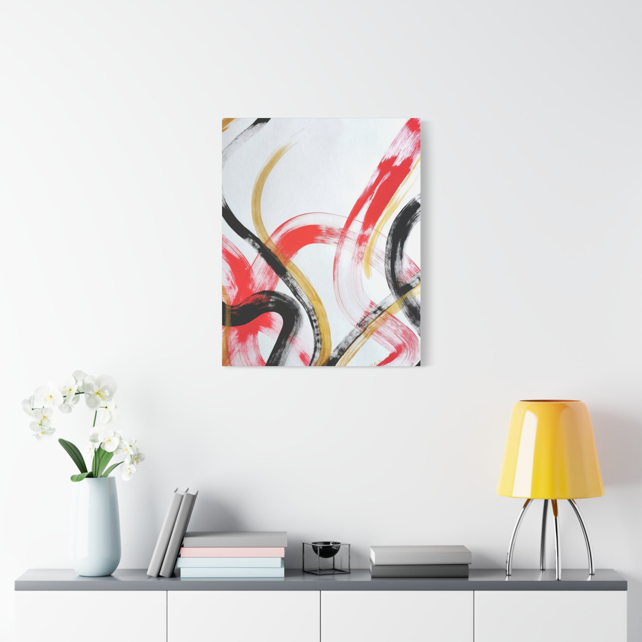 Abstract Brushstroke Canvas Print — Red, Black & Gold Modern Wall Art (Stretched)