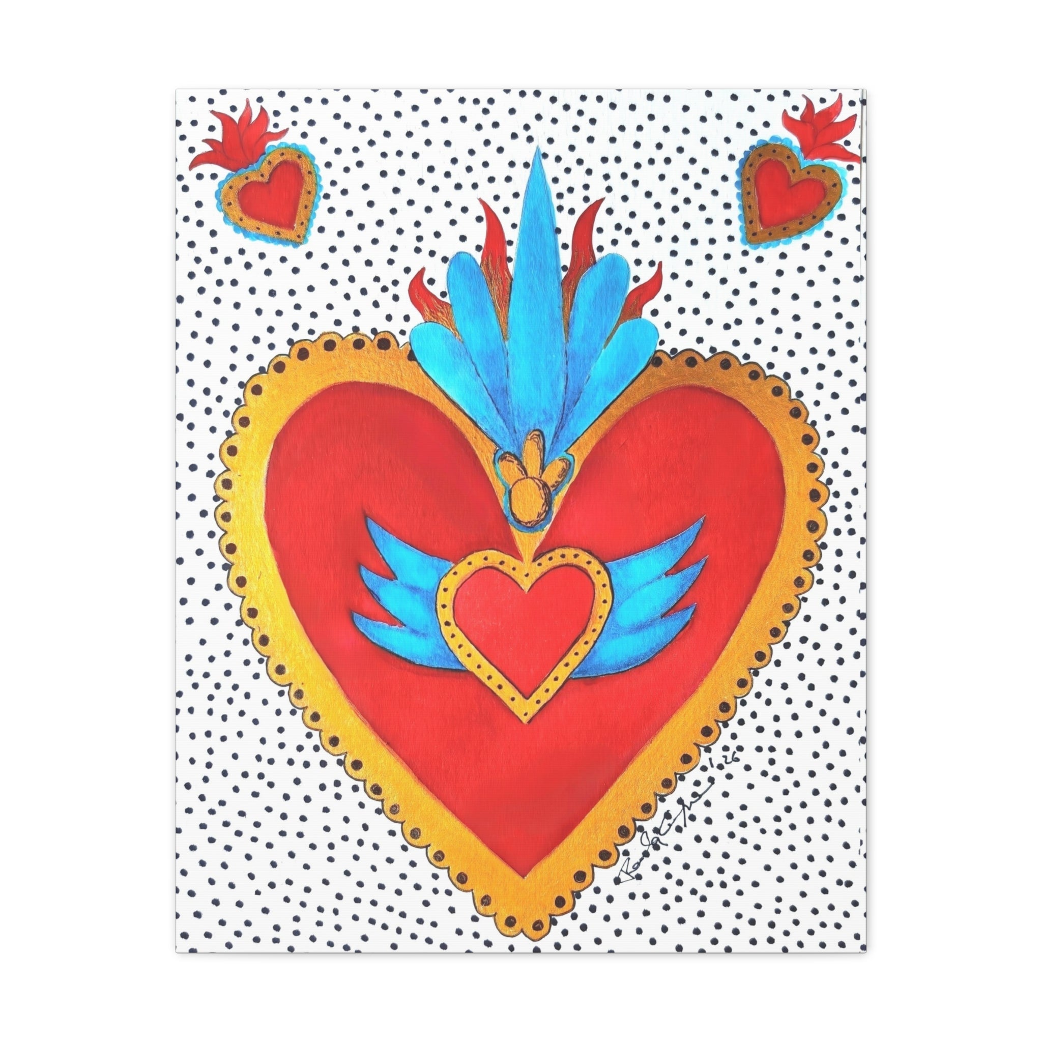 "Tin Heart" Folk Art Sacred Heart Canvas Print — Vibrant Red & Gold Heart Wall Art