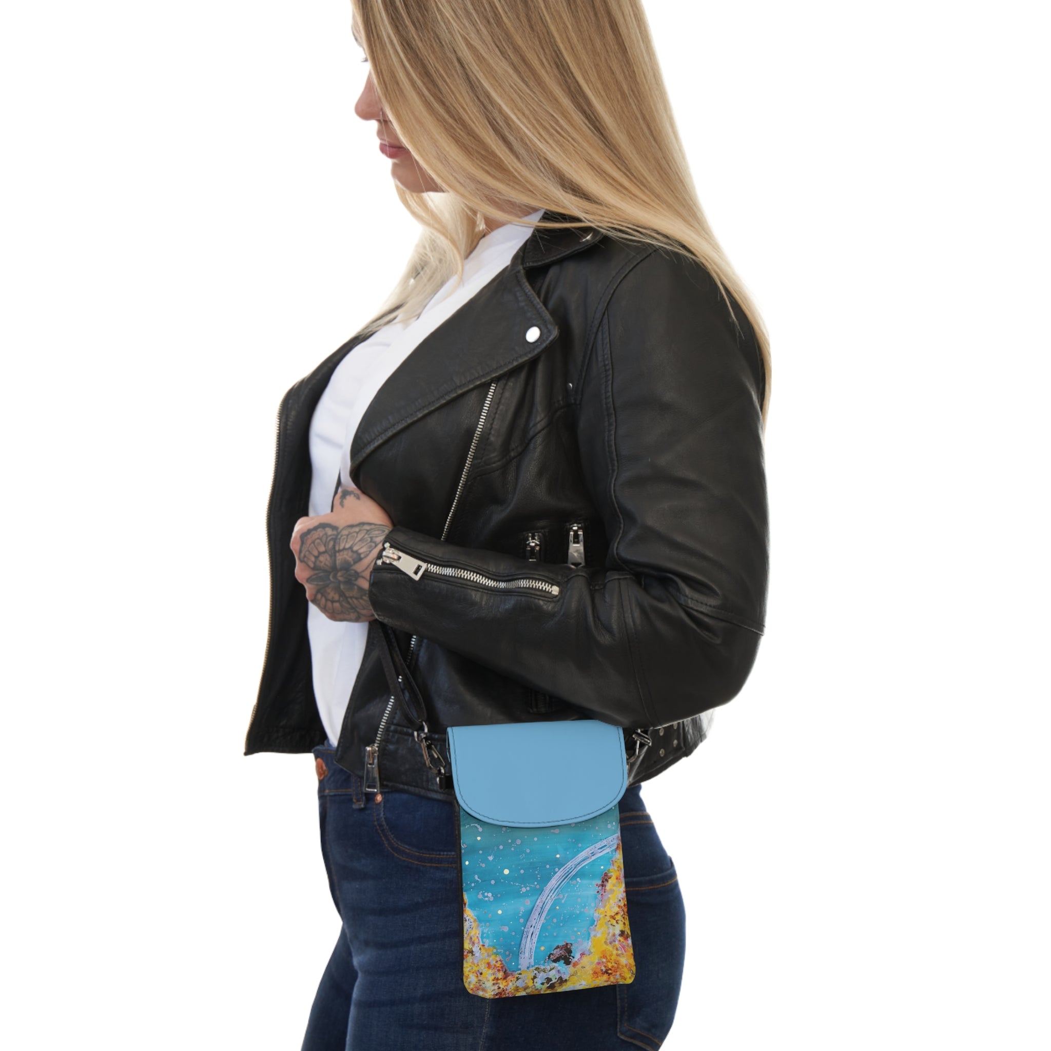 Celestial Wave Small Cell Phone Wallet — Crossbody Phone Pouch with Ocean Rainbow Design