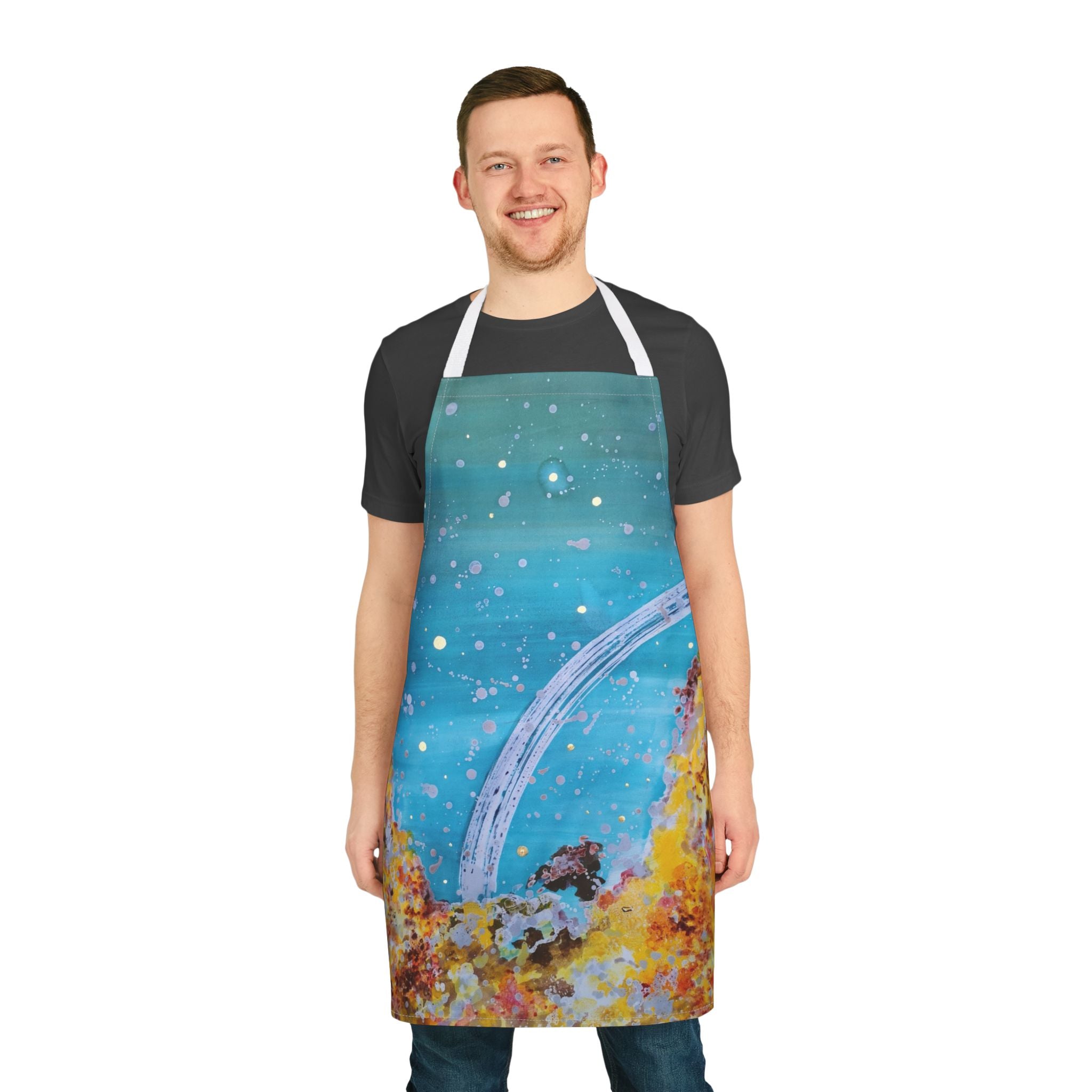 Cosmic Reef Apron — Ocean Galaxy Kitchen Apron with Blue & Coral Abstract Design