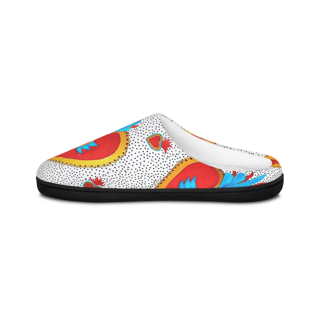 Heart Paisley Indoor Slippers — Women's Cozy Red & Teal Lounge Shoes