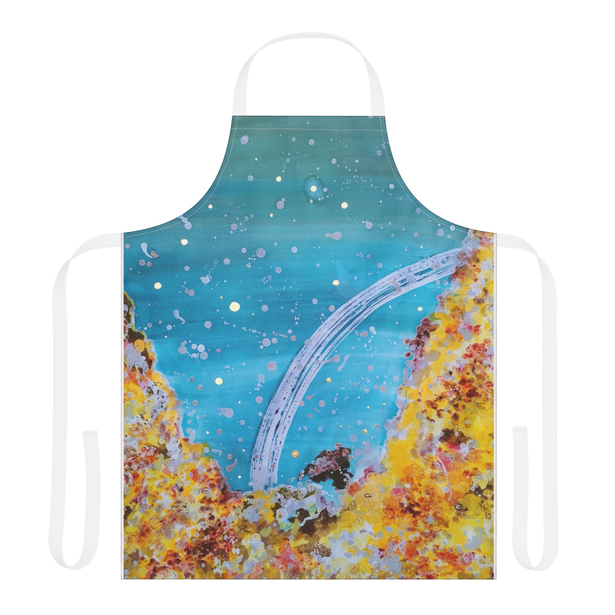 Cosmic Reef Apron — Ocean Galaxy Kitchen Apron with Blue & Coral Abstract Design