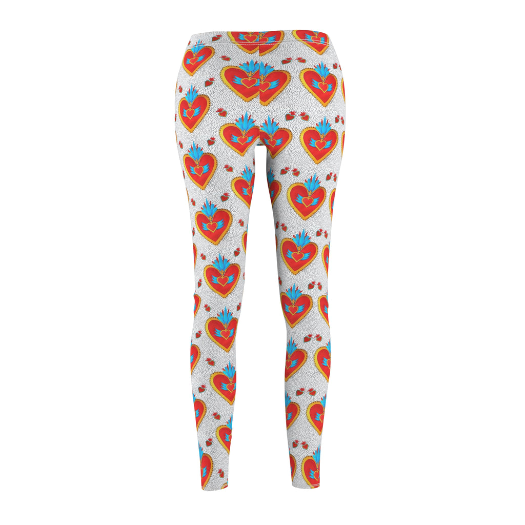 Heart Motif Leggings — Red Folk Art Sacred Heart Pattern for Women
