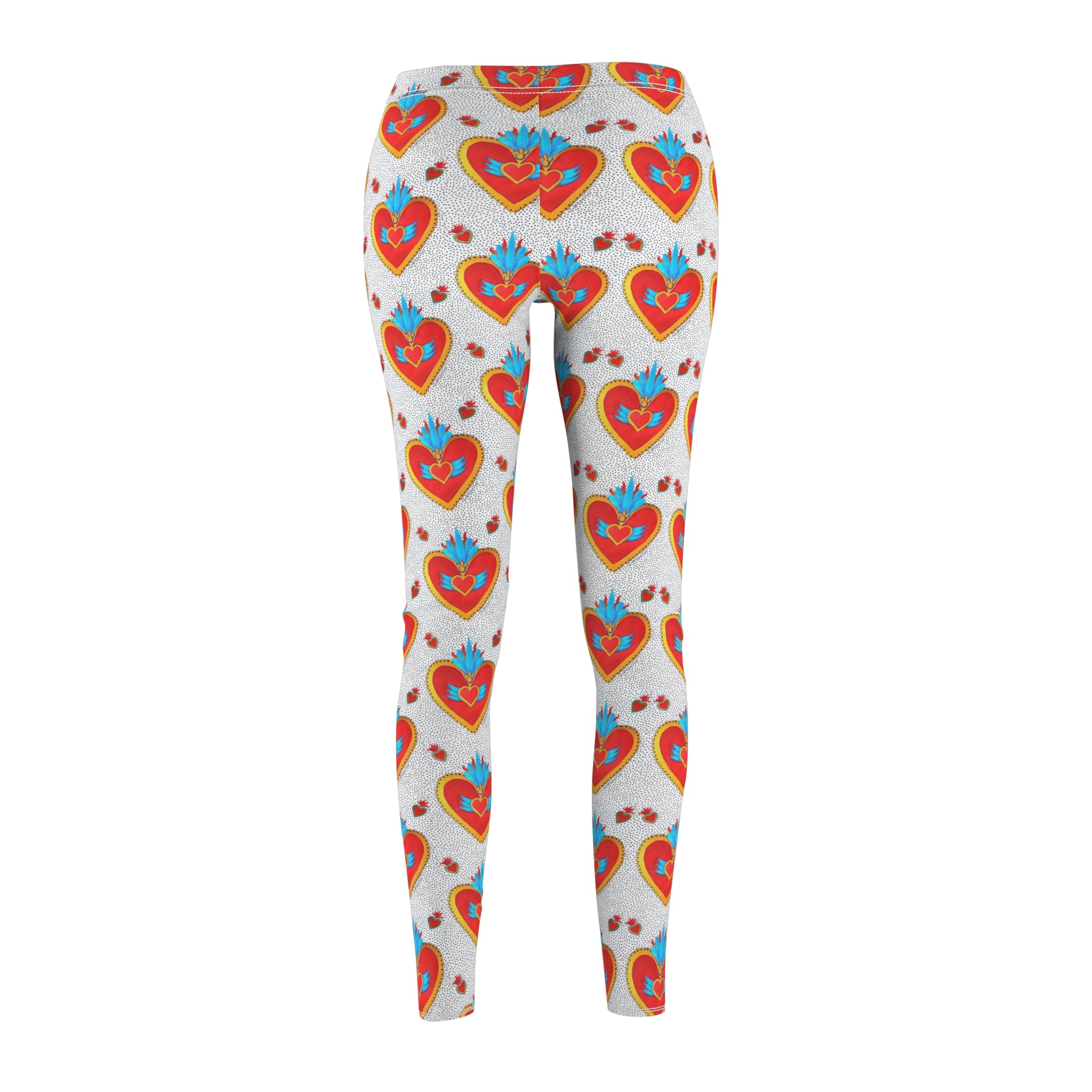 Heart Motif Leggings — Red Folk Art Sacred Heart Pattern for Women