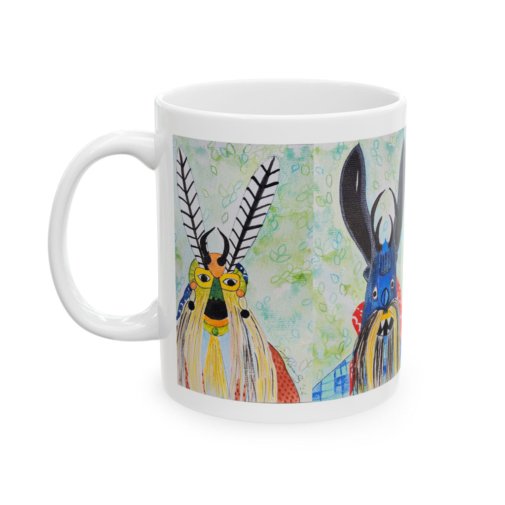 Colorful Folk Mask Ceramic Mug — Whimsical Tribal Art Coffee Cup (11oz/15oz)