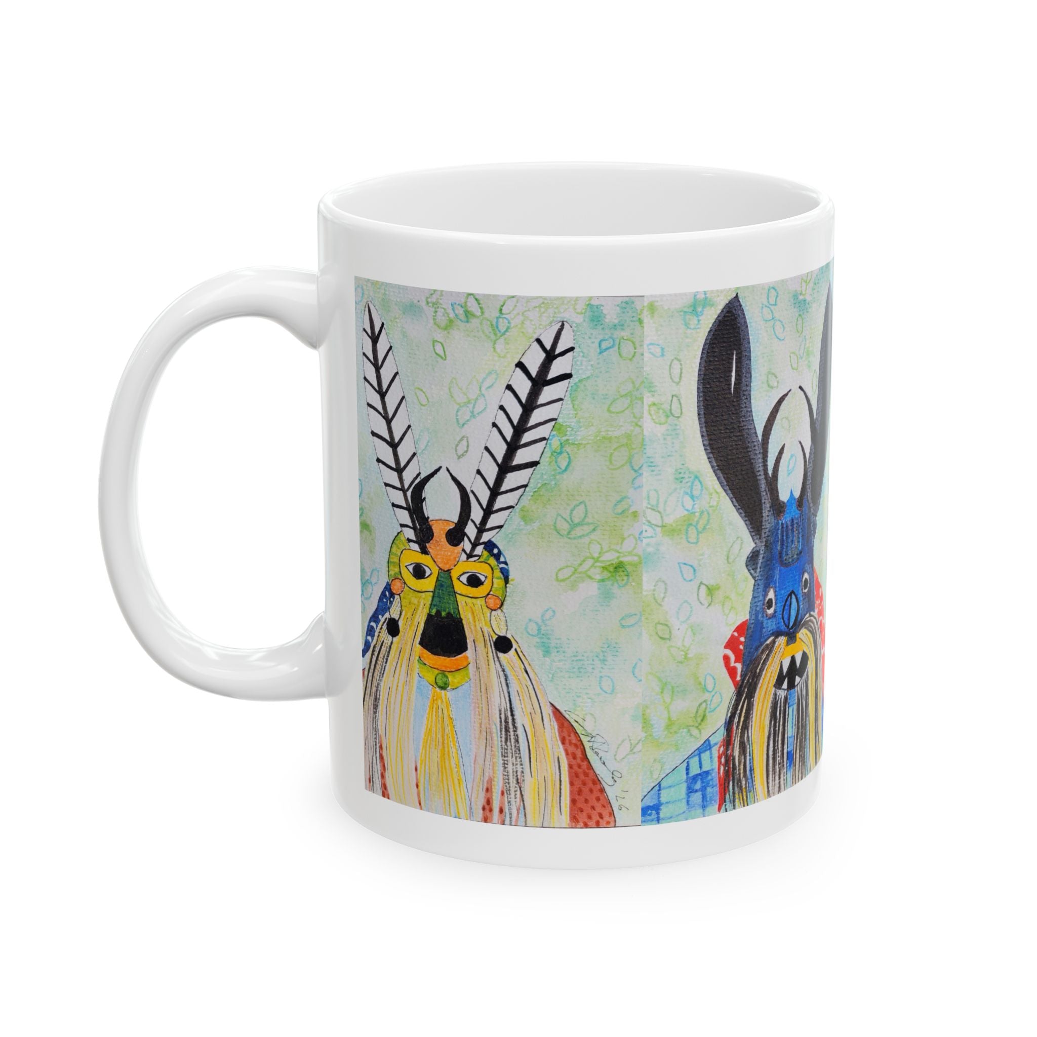 Colorful Folk Mask Ceramic Mug — Whimsical Tribal Art Coffee Cup (11oz/15oz)