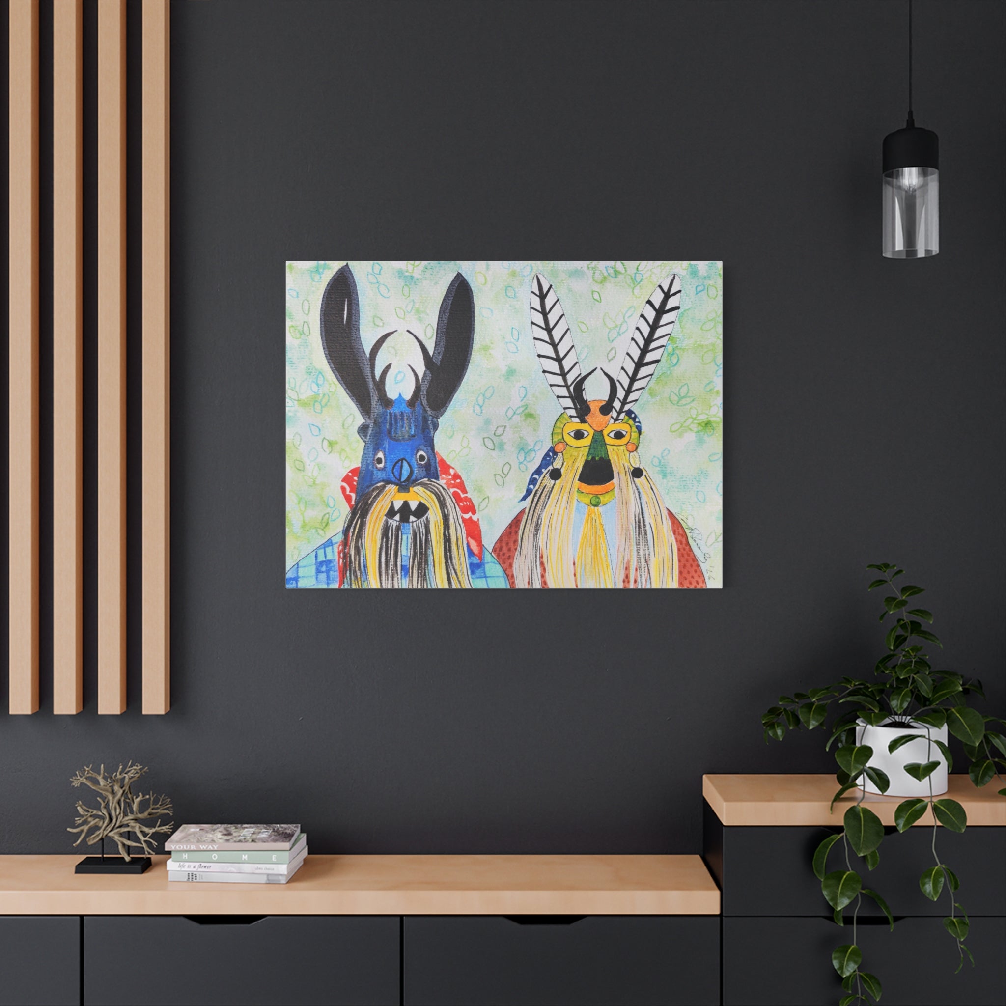 Tribal Mask Art Matte Canvas — Colorful Folk Portrait, Stretched Wall Art