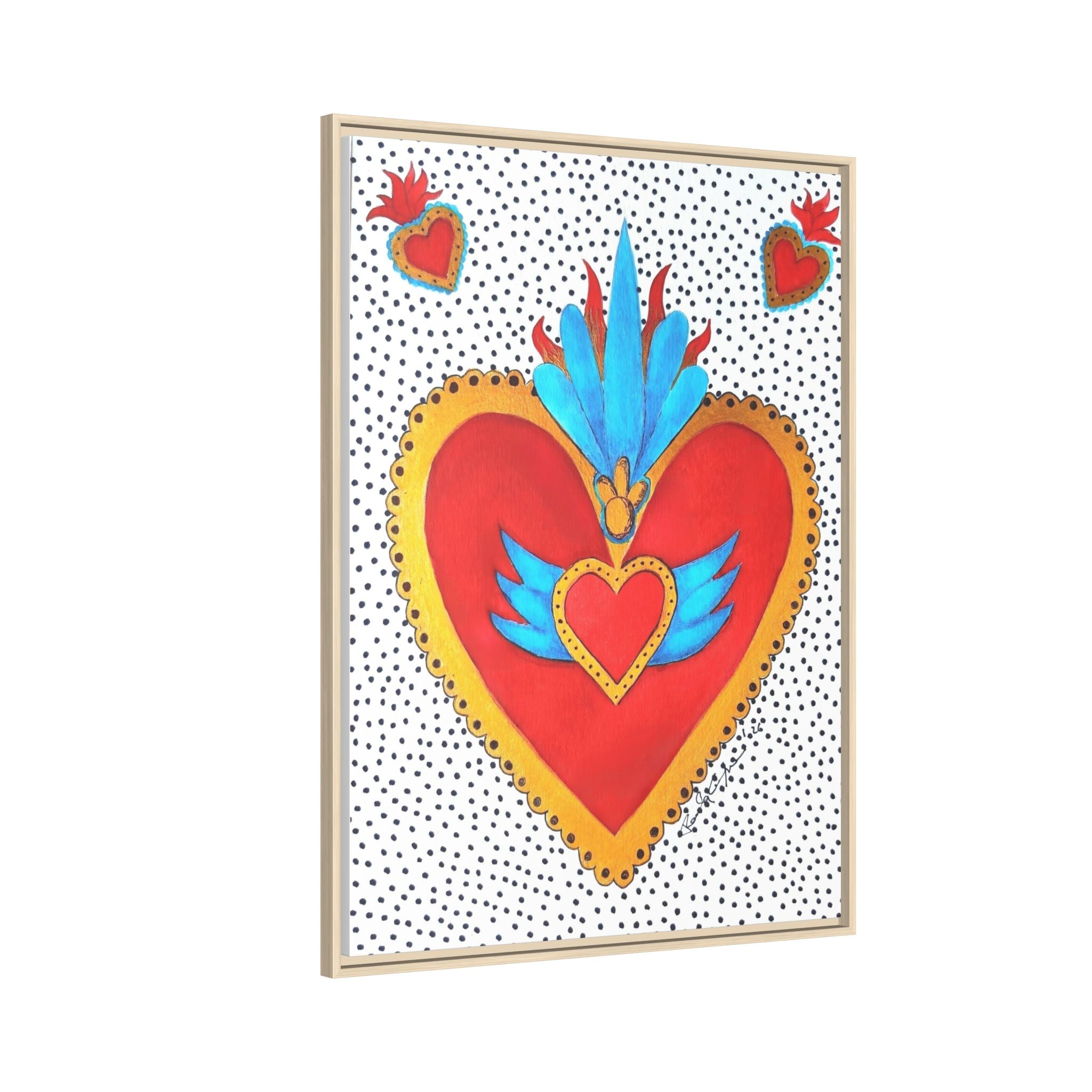 "Tin Heart" Framed Sacred Heart Canvas Art — Colorful Folk Heart Wall Decor