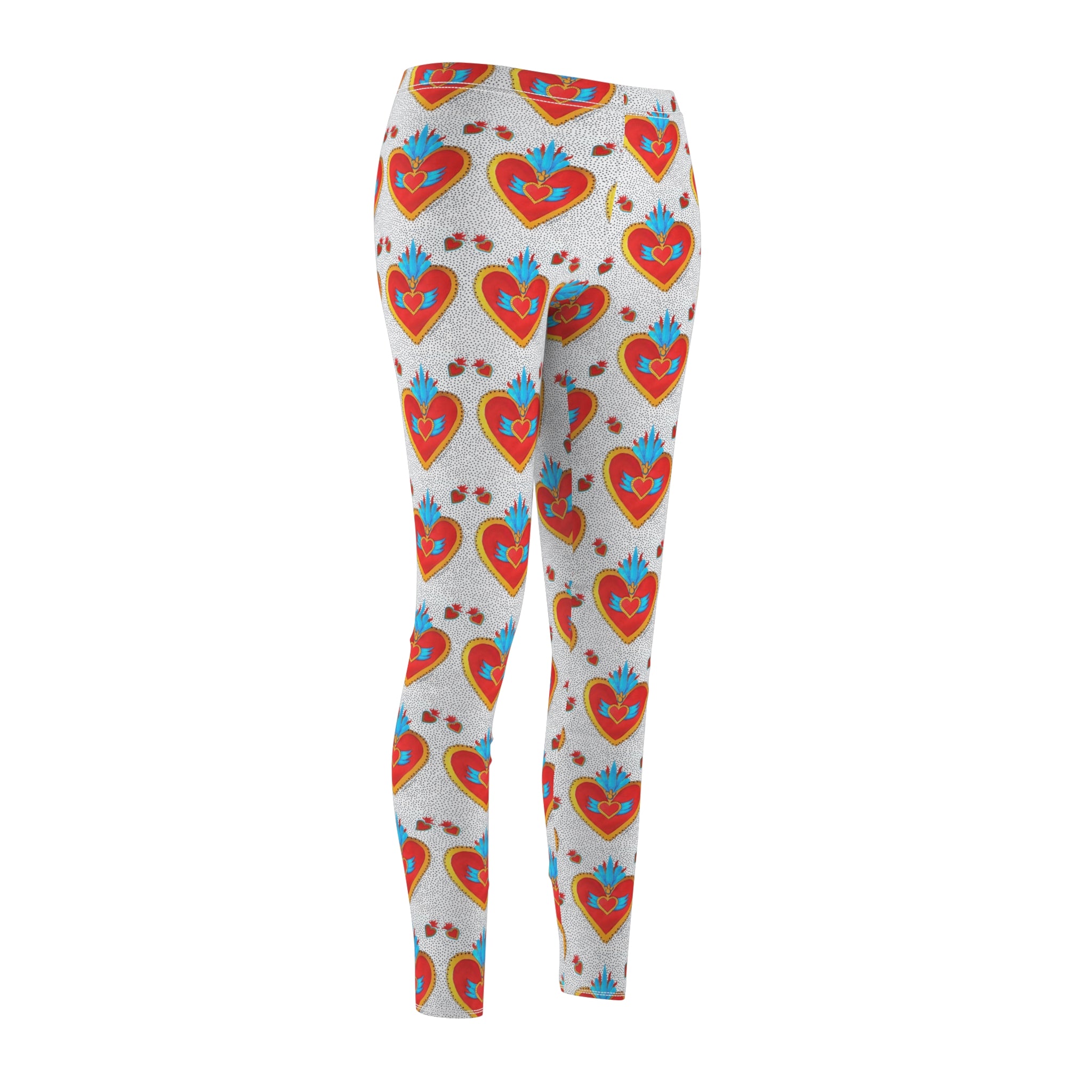 Heart Motif Leggings — Red Folk Art Sacred Heart Pattern for Women