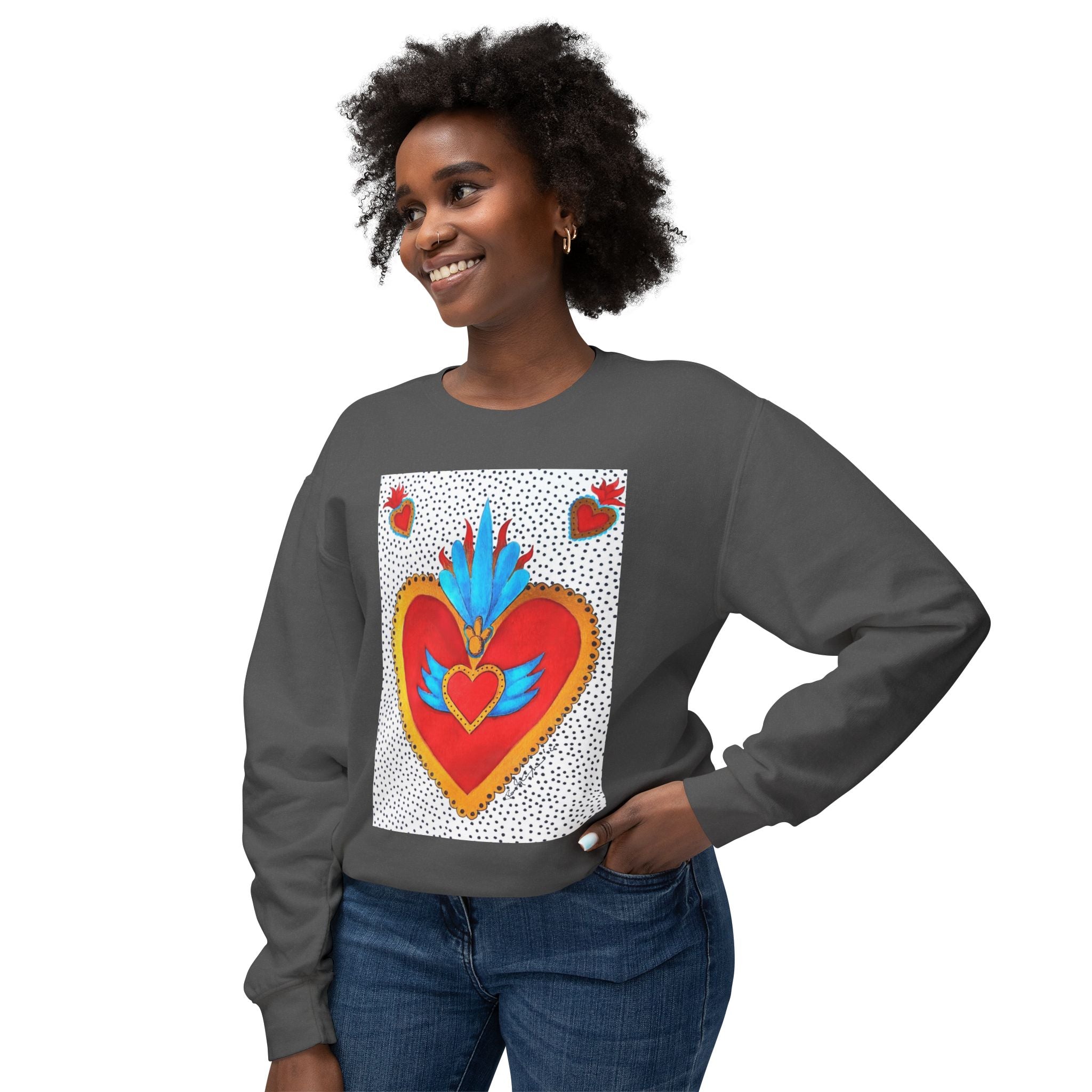 Sweat-shirt ras du cou Cœur Sacré — Motif de cœur coloré d'art populaire mexicain