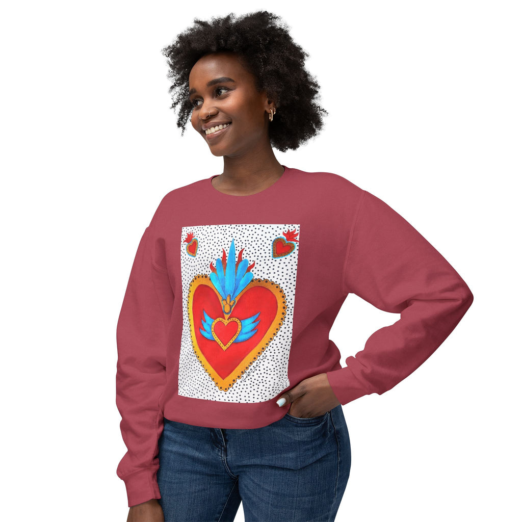 Sweat-shirt ras du cou Cœur Sacré — Motif de cœur coloré d'art populaire mexicain