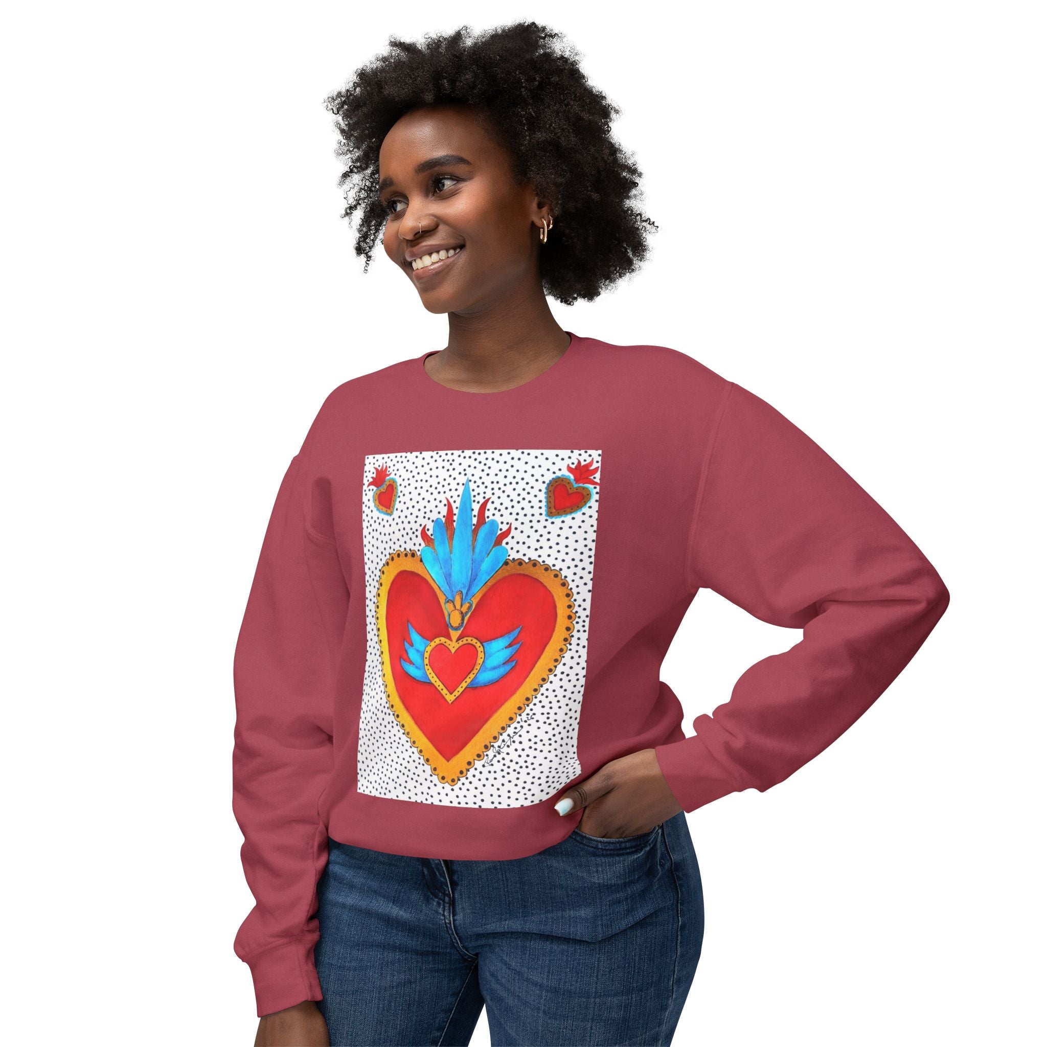 Sweat-shirt ras du cou Cœur Sacré — Motif de cœur coloré d'art populaire mexicain