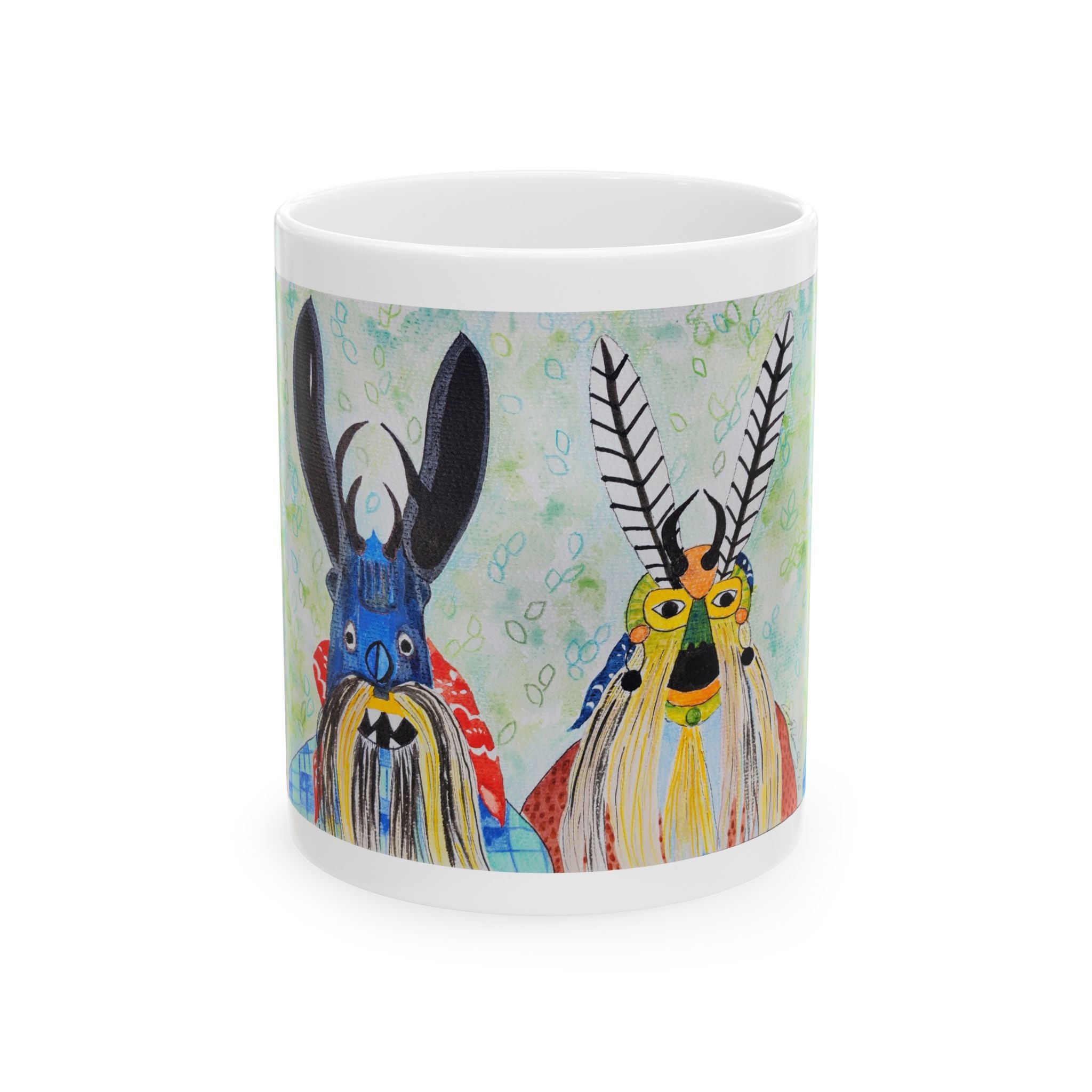 Colorful Folk Mask Ceramic Mug — Whimsical Tribal Art Coffee Cup (11oz/15oz)