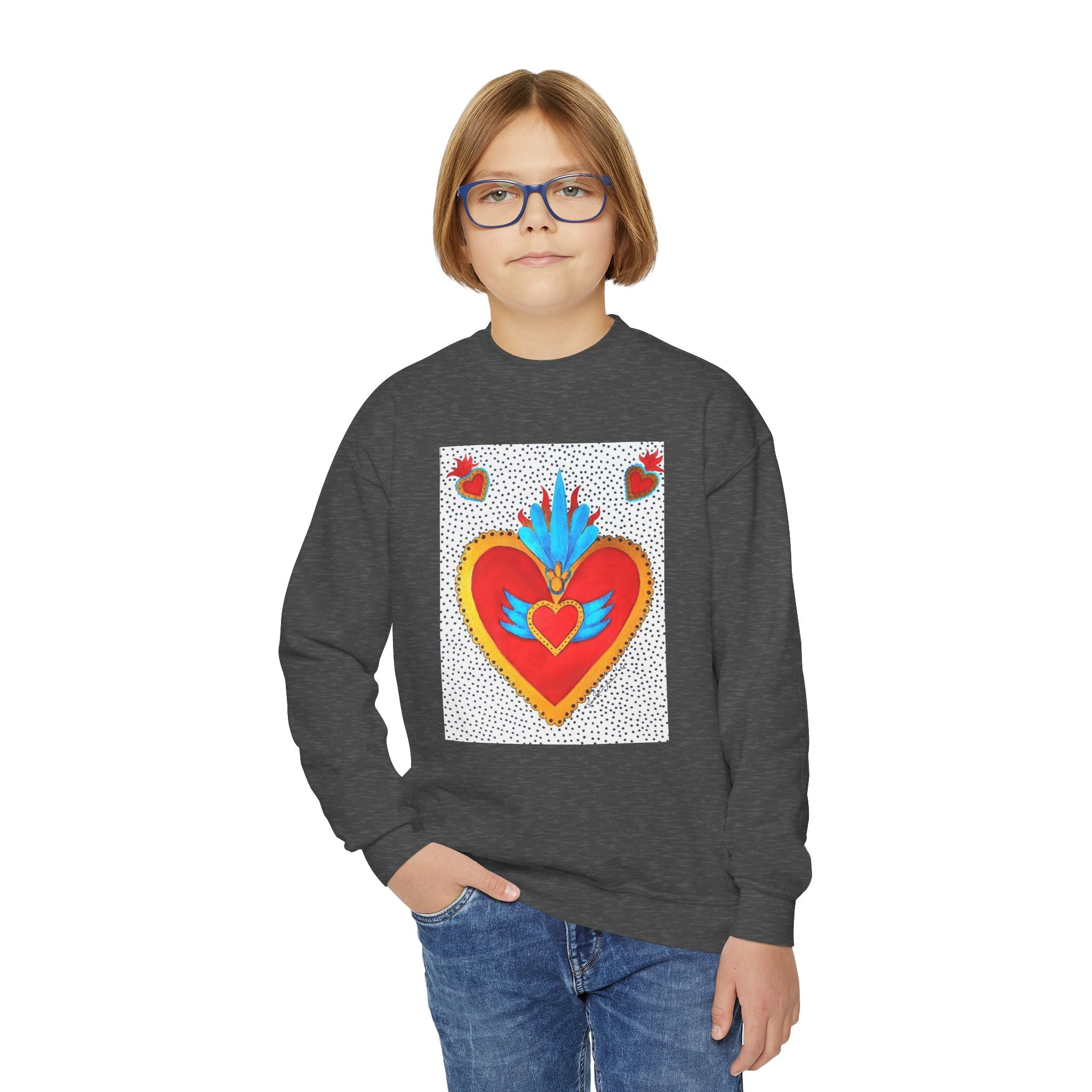 "Tin Heart" Youth Crewneck Sweatshirt — Bright Sacred Heart Graphic Tee for Kids