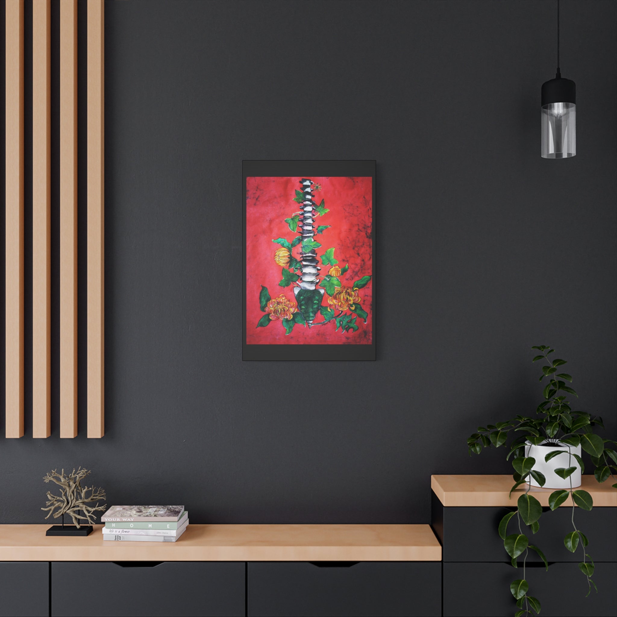Floral Spine Canvas Print — Vibrant Red Botanical Wall Art